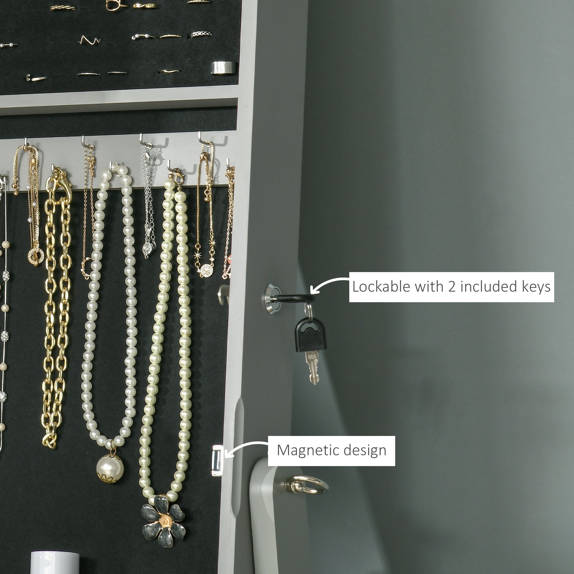 60" Full-Length Mirror Jewelry Storage Armoire w/ Lockable Door & Key, Gray