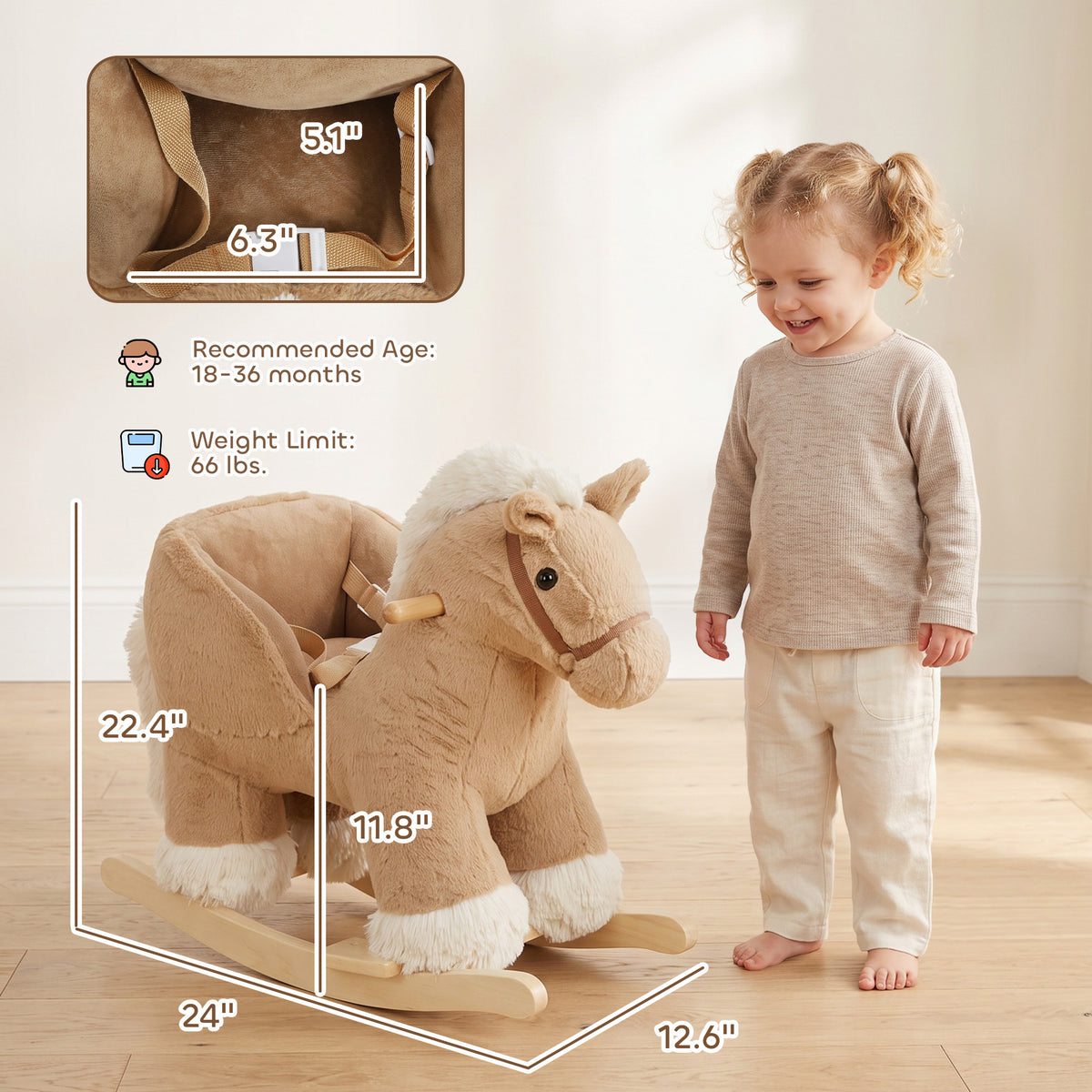 Rocking Horse with Seat Belt, Plush Ride-On Rocker with Realistic Sound for Toddlers Ages 18-36 Months, Brown