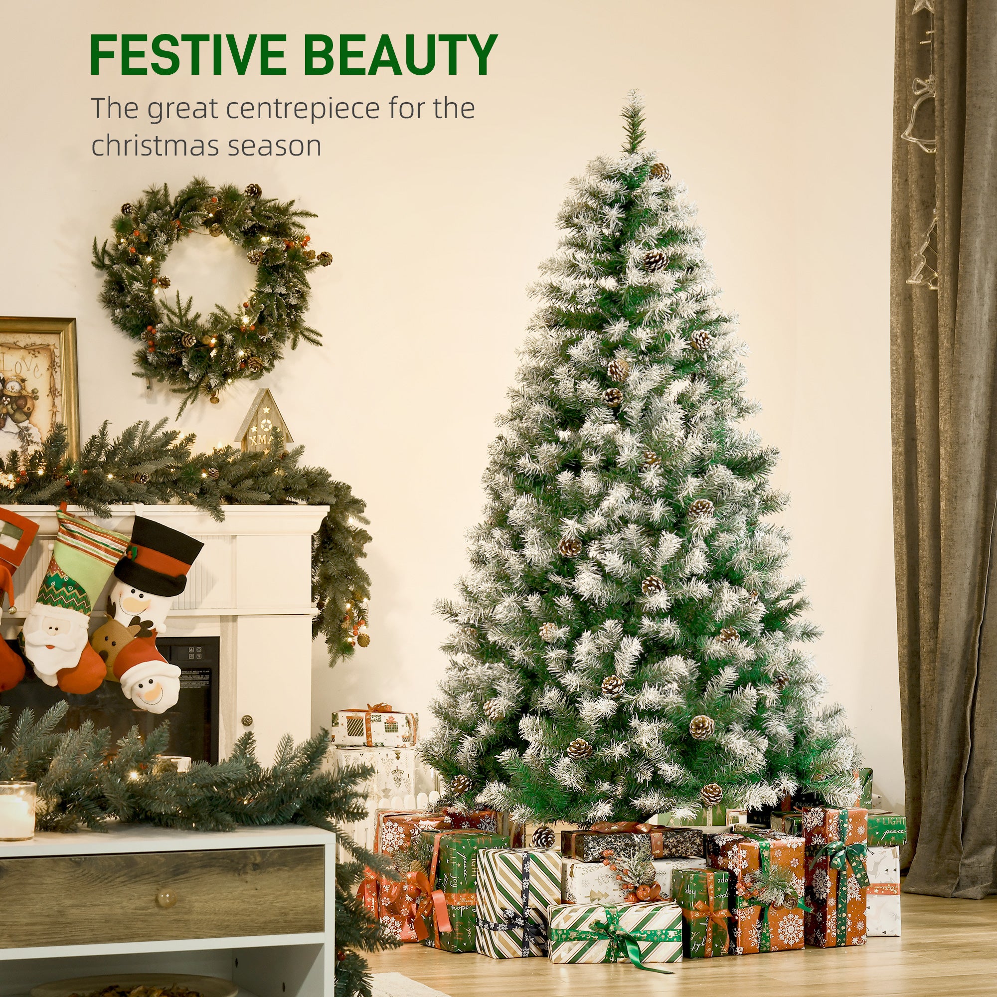 6ft Unlit Snow-Dusted Full Fir Artificial Christmas Tree with Realistic Branches, 61 Pine Cones and 800 Tips