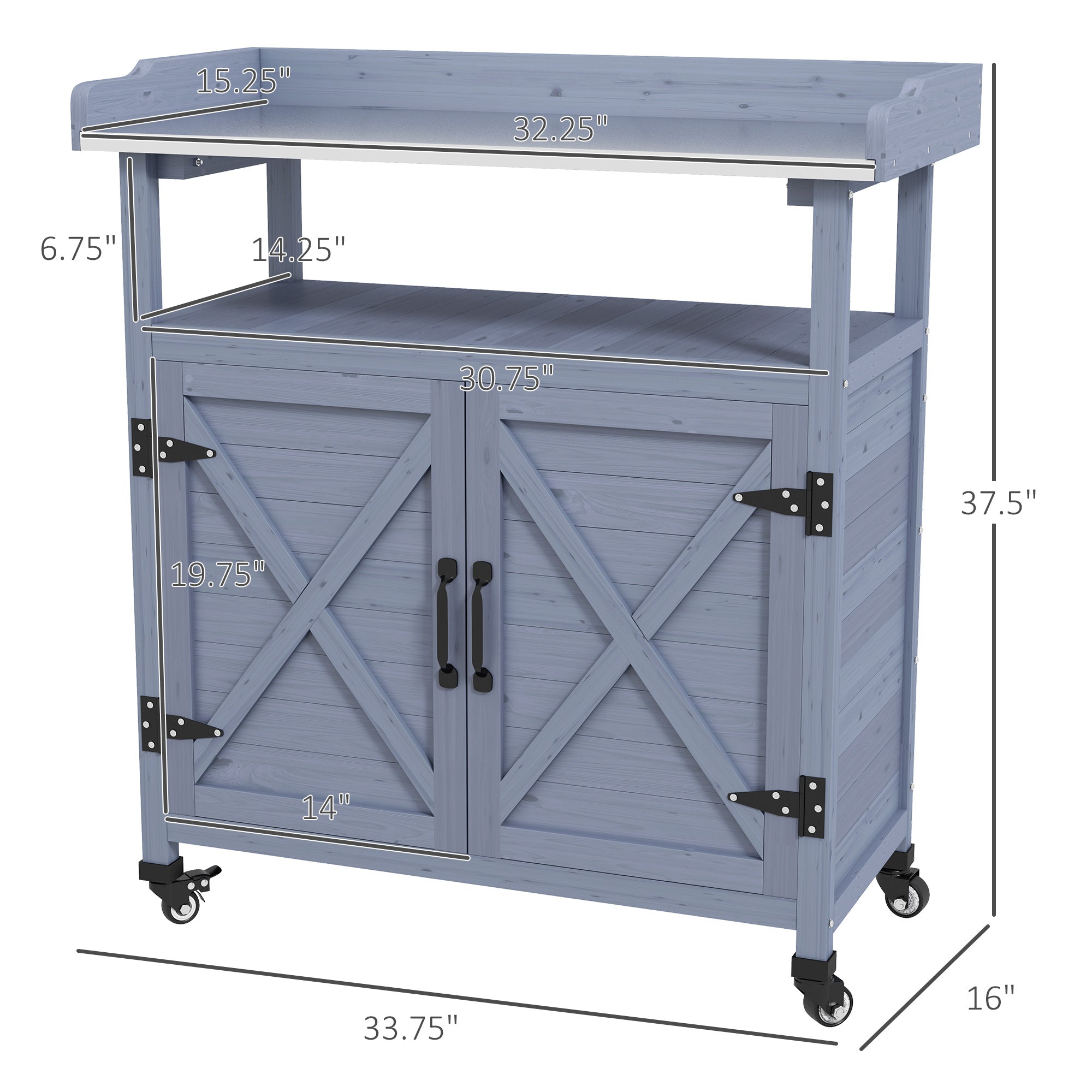 Outdoor Wooden Potting Bench with Storage Cabinet, Aluminum Tabletop, Rubber Wheels for Backyard, Patio, Balcony, Gray - Gray - Image 3