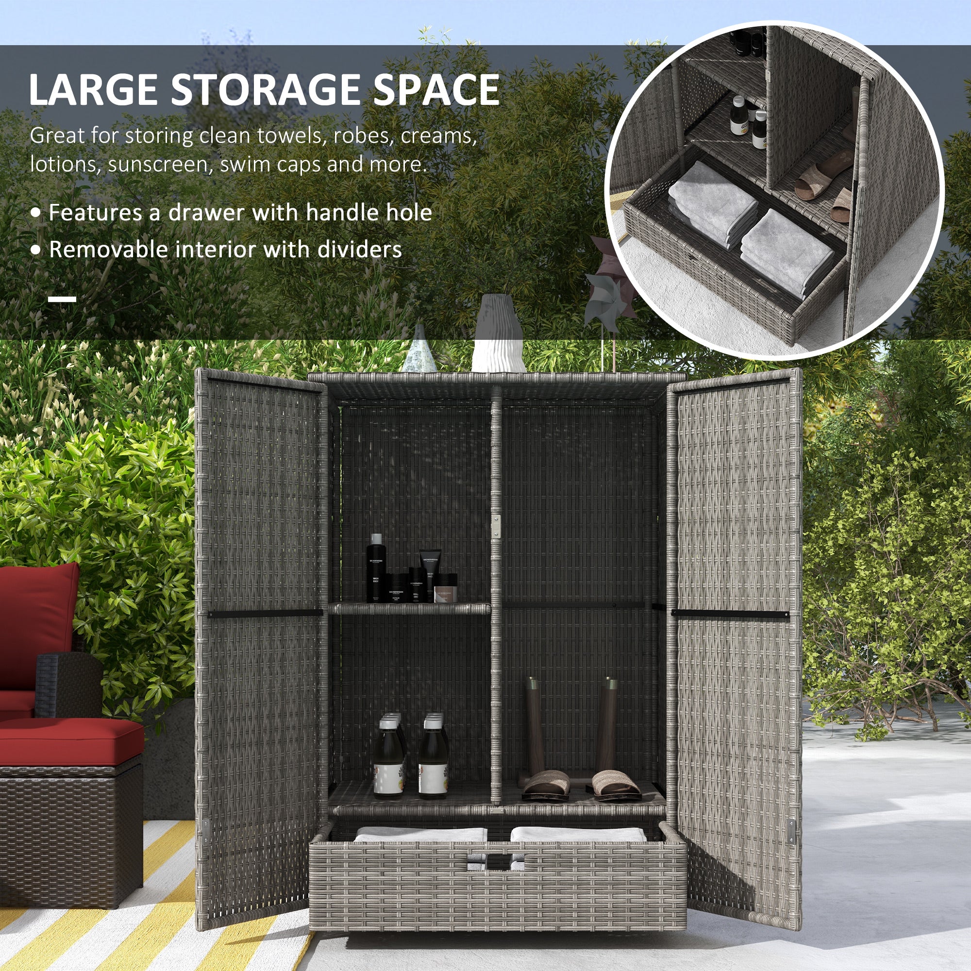 Outdoor Storage Cabinet with Shelves, Rattan Pool Towel Storage Cabinet with Removable Shelf & Drawer, Dark Gray - Dark Gray - Image 4