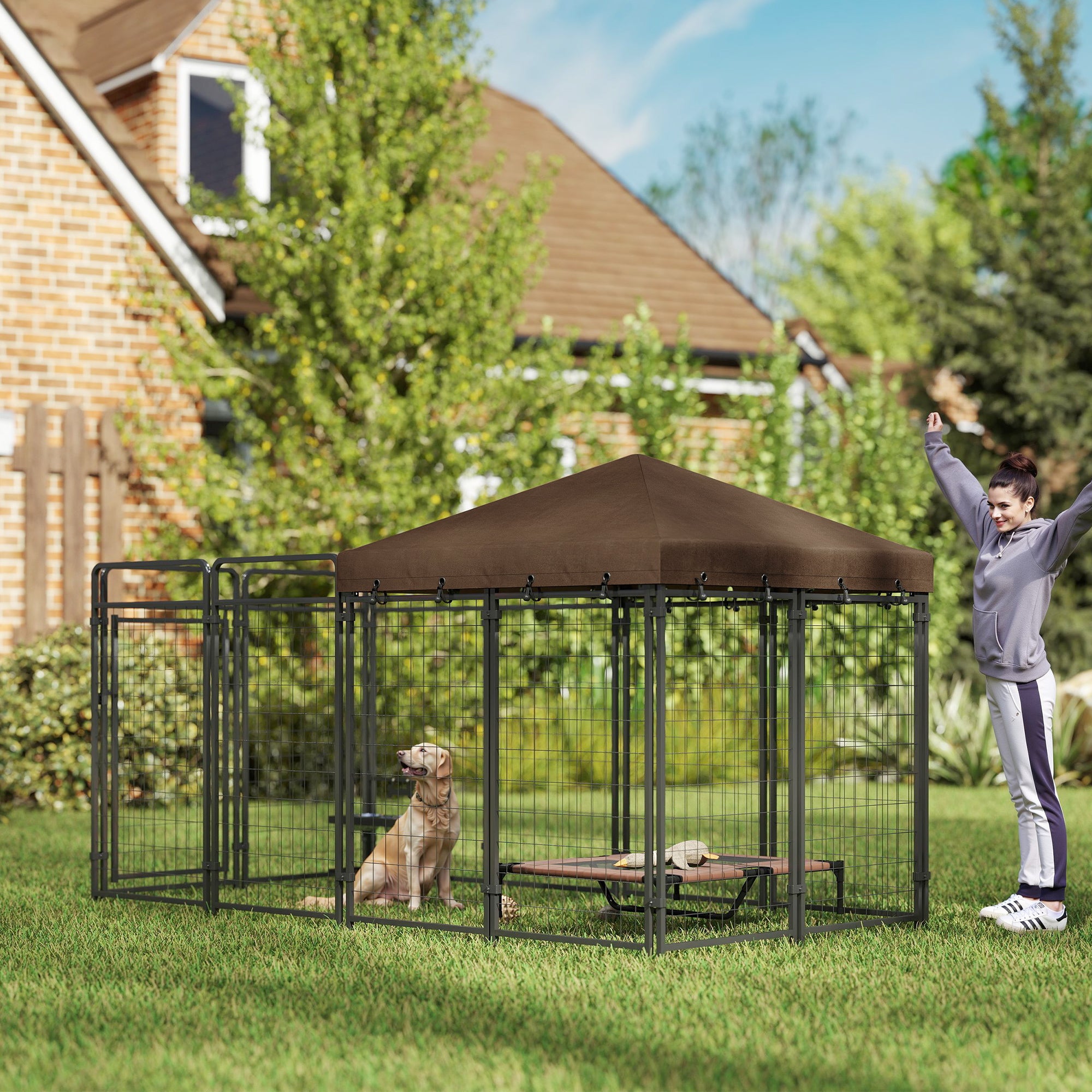 Dog Kennel Outdoor with Waterproof Canopy, Dog Run with Galvanized Chain Link, Secure Lock, for Backyard and Patio, Large and Medium Sized Breeds, Chickens, Ducks, 9.3' x 4.6' x 5.2' - Black - Image 8
