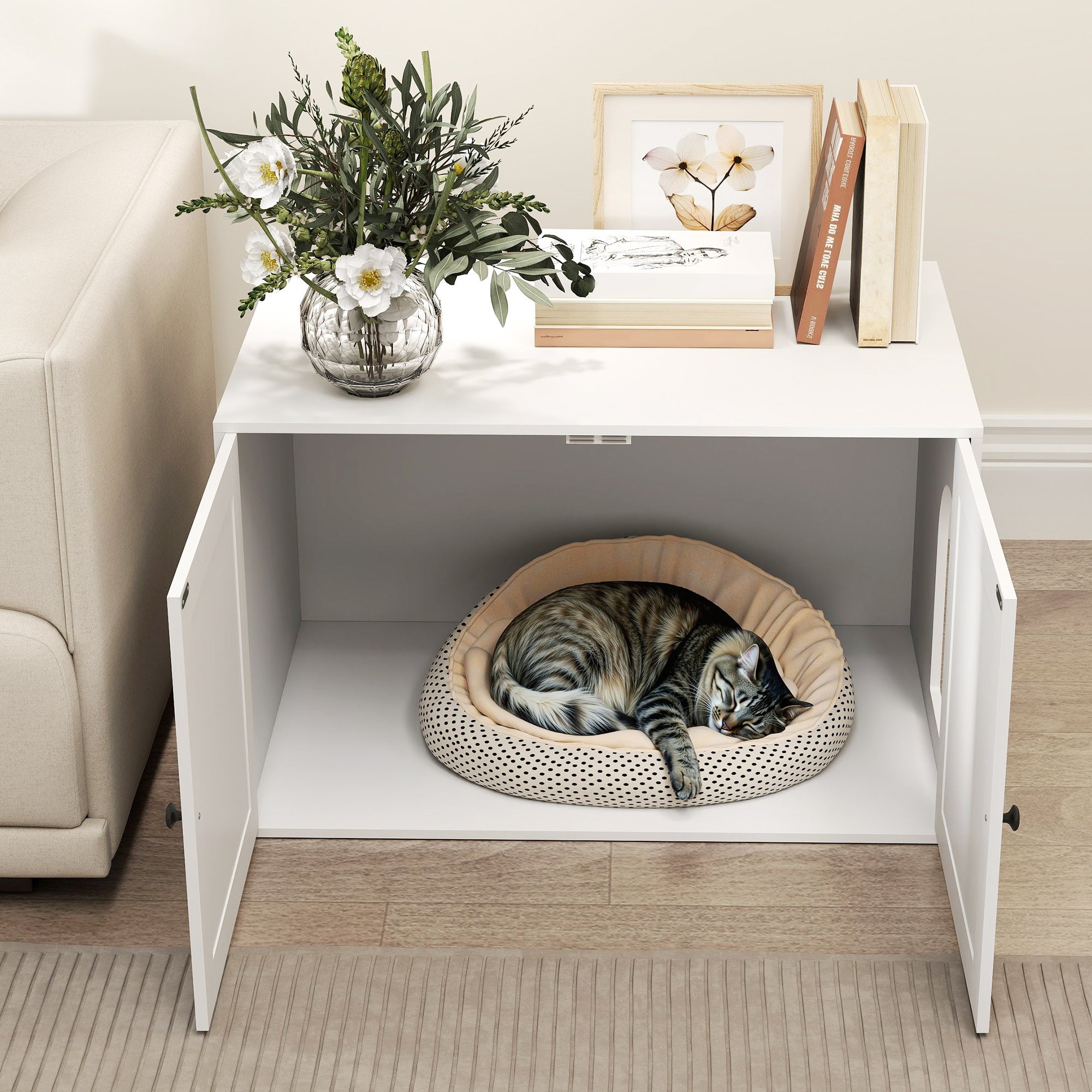 Cat Litter Box Enclosure with Barn Door, Cat Hole, 31.5" x 21" x 20", White - White - Image 8