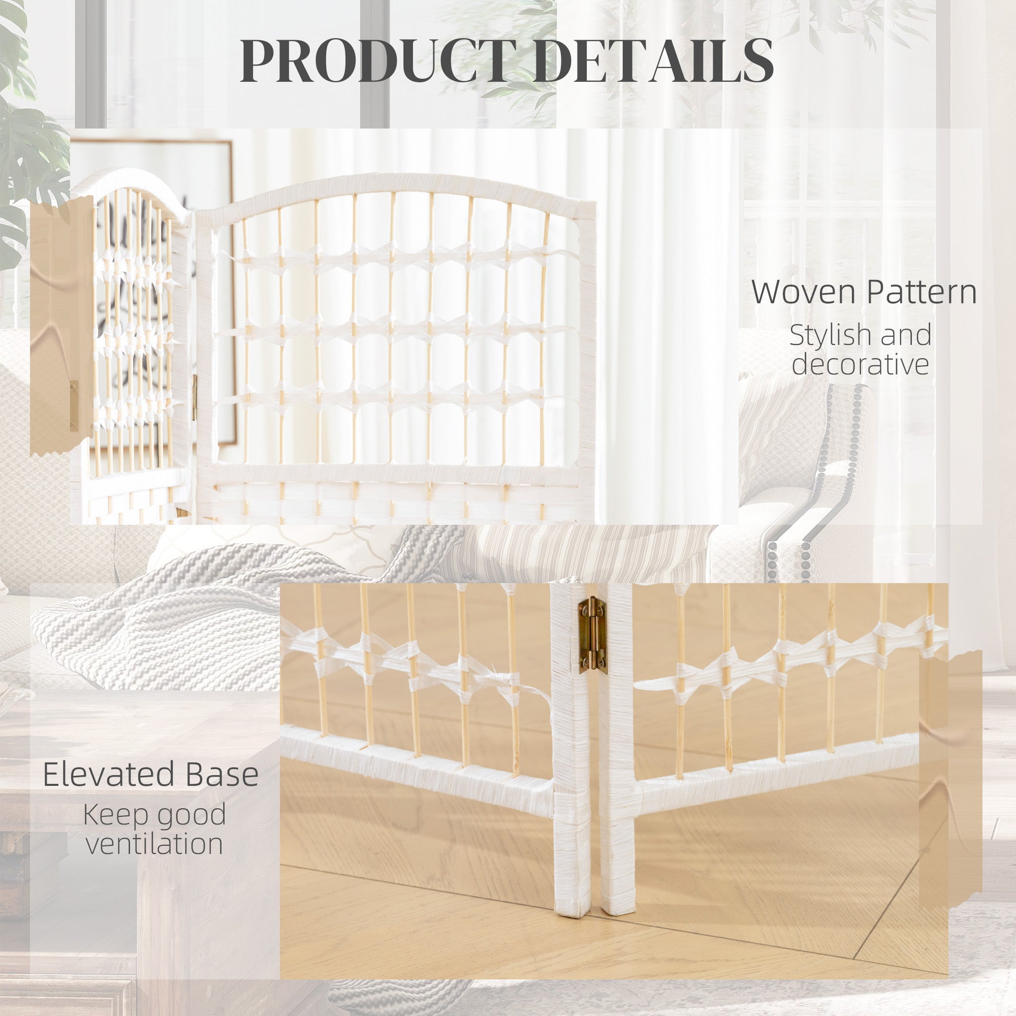 8 Panel Folding Room Divider Portable Privacy Screen Wave Fiber Room Partition for Home Office White