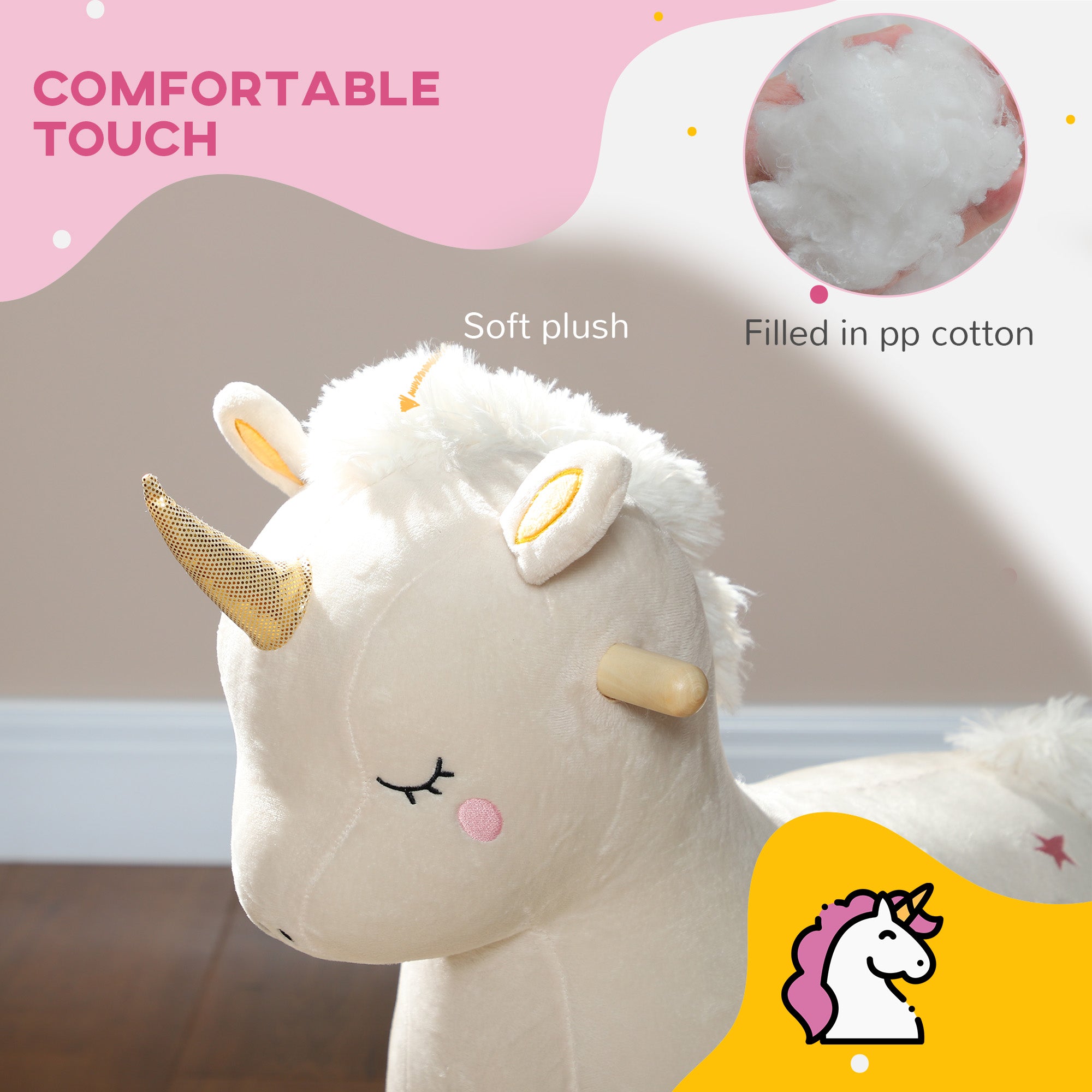 Kids Rocking Horse, Ride on Unicorn with Realistic Sounds & Wooden Base for Years 2-4, White