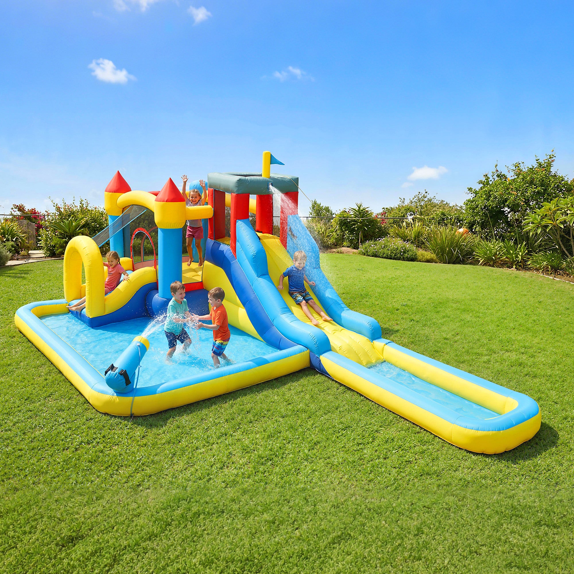 6 in 1 Inflatable Water Slide Park with Splash Pools, 2 Slides, Trampoline, Climbing Wall, Cannon, Basketball Hoop