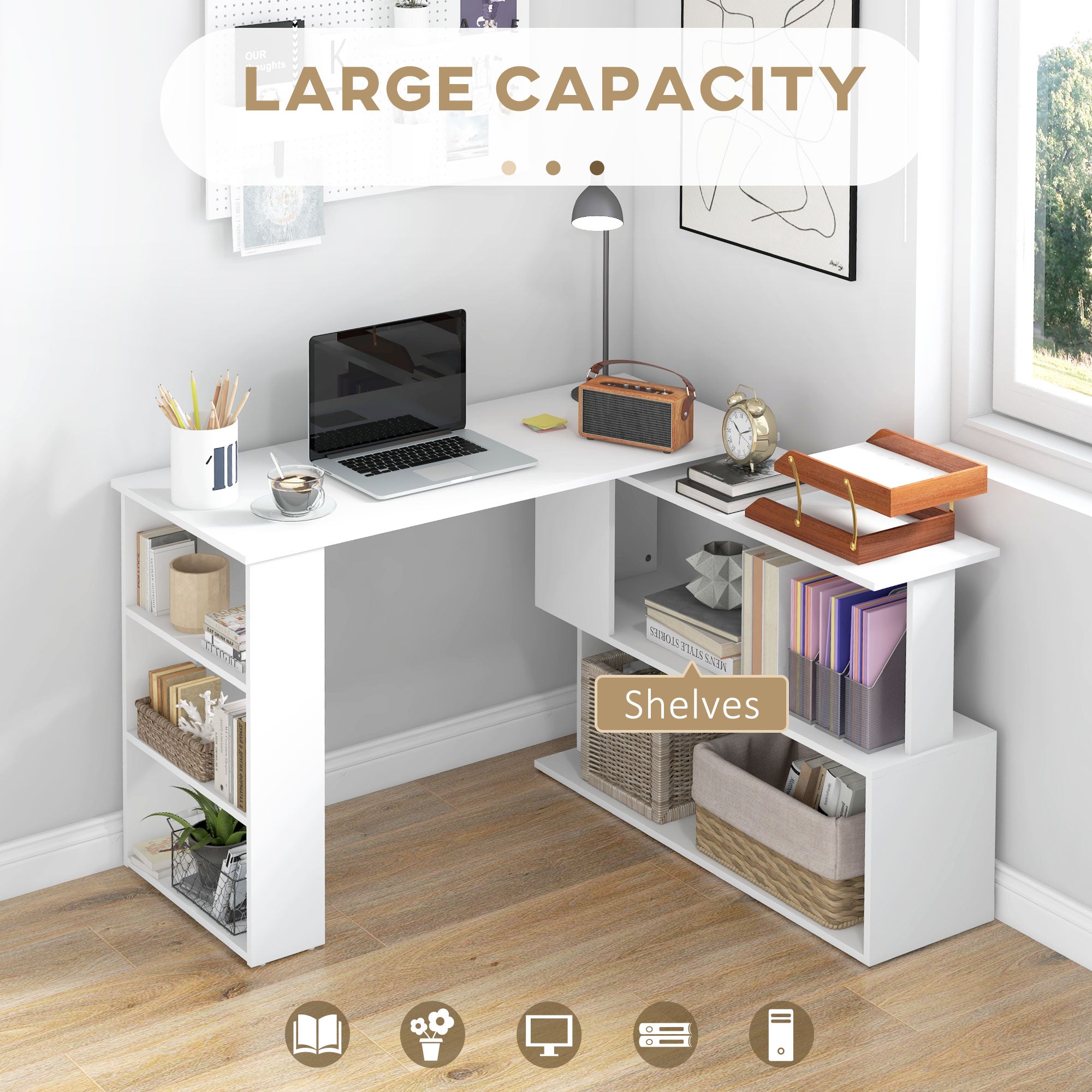360° Rotating Home Office Desk L Shaped Corner Computer Desk with Storage Shelves, Writing Table Workstation, White