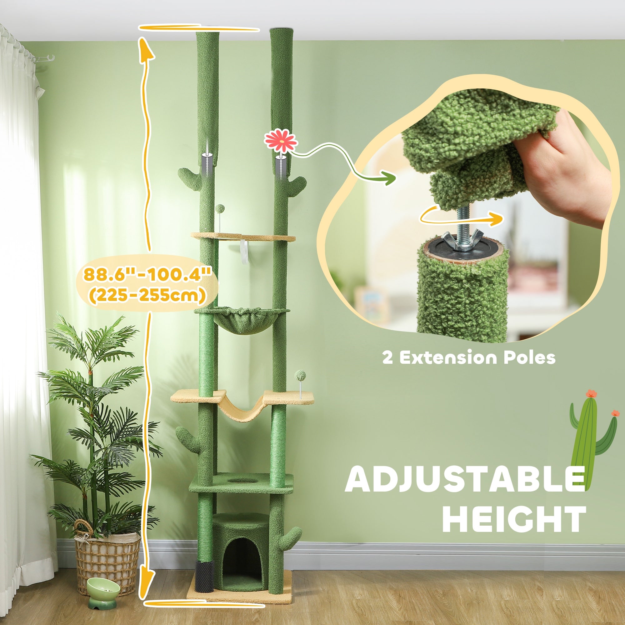 89"-100" Floor to Ceiling Cat Tree, Cat Climbing Tower with Grooming Brush Post, Cat Condo, Hammock, Green - Green - Image 4