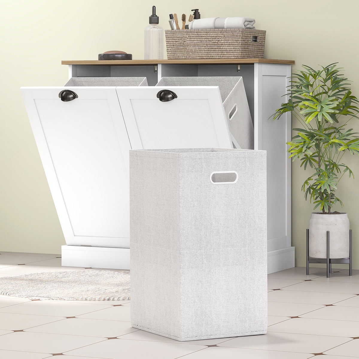 Dual Tilt out Laundry Hamper Cabinet with 2 Removable Basket, Modern Bathroom Storage Cabinet with Shaker Doors and Handles, White