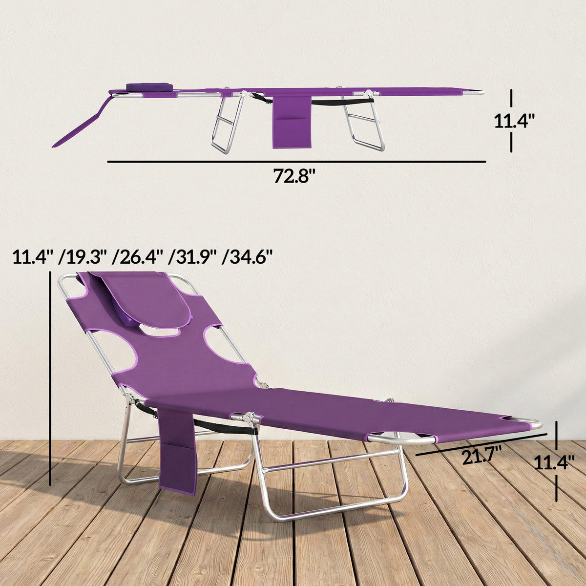 Tanning Chair with Face Hole, 5-Level Adjustable Outdoor Chaise Lounge Chair with Pillow for Beach, Pool, Purple