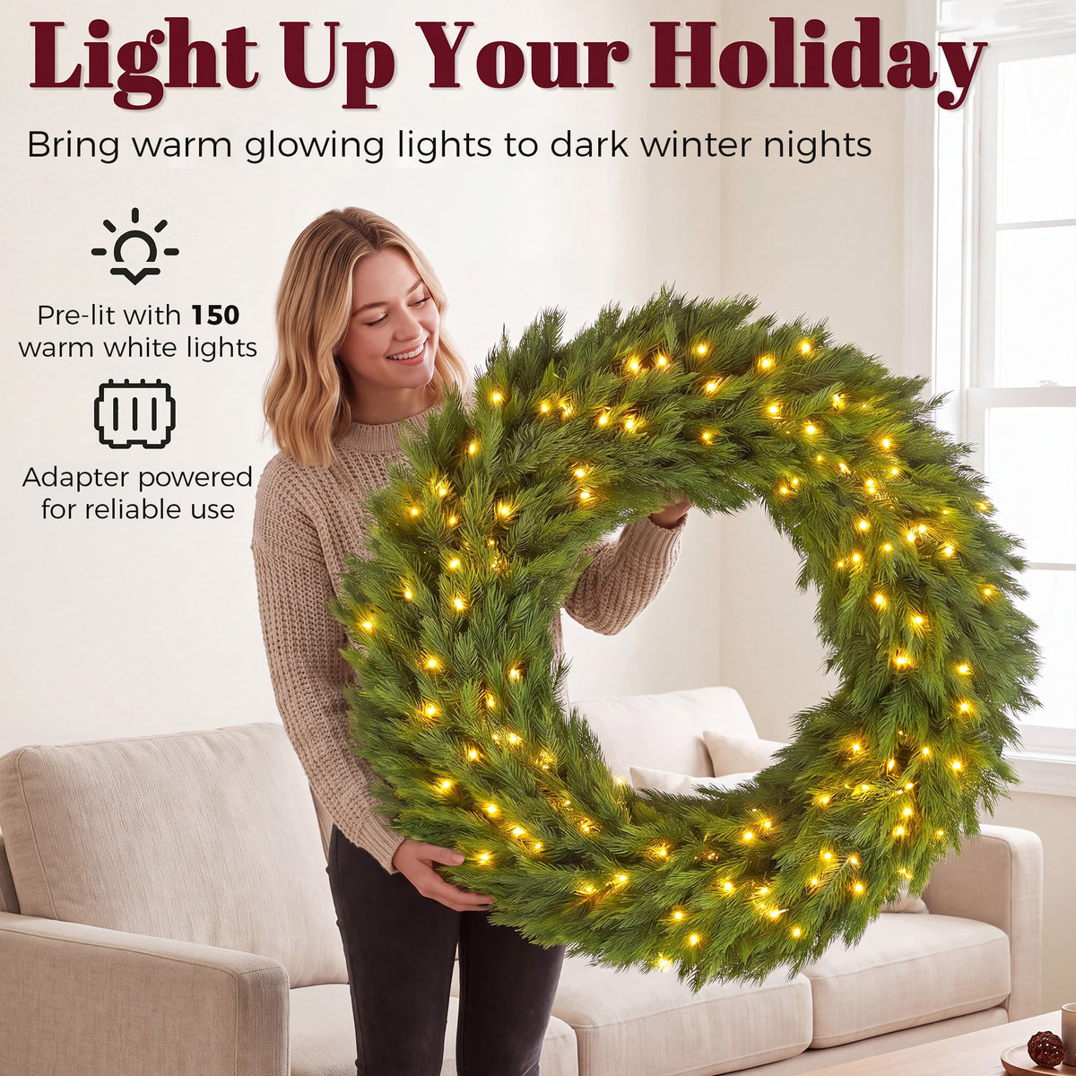 Christmas Decoration, 48 in Pre-Lit Norwegian Spruce Artificial Christmas Wreath with 150 LED Lights, Green