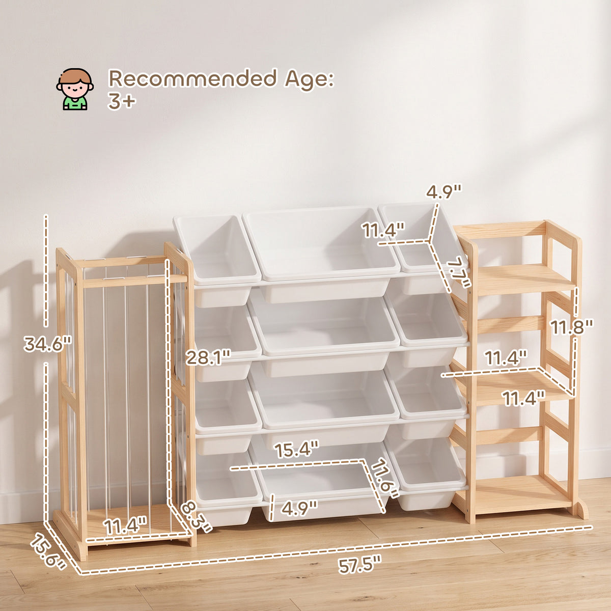 3-in-1 Wooden Toy Storage Organizer with Stuffed Animal Storage, Bookshelf, 12 Bins for Bedroom, Playroom, Nursery