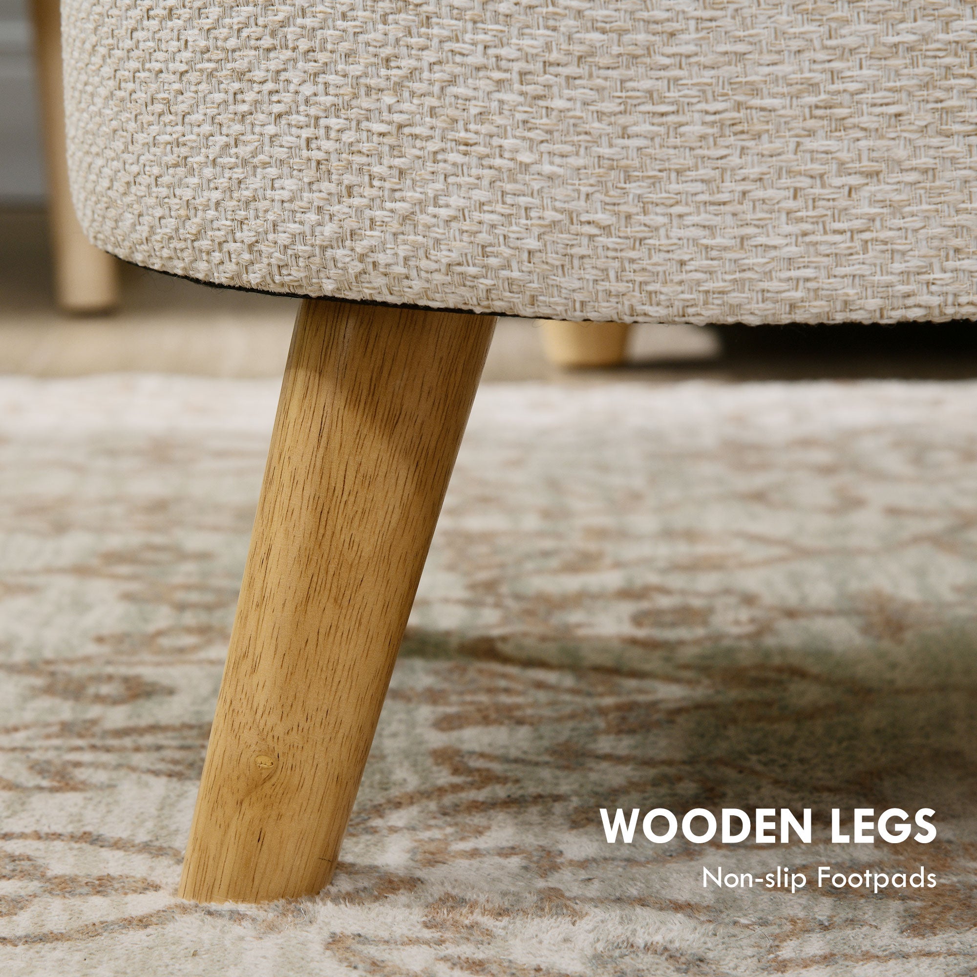 Round Ottoman Stool with Storage, Linen Fabric Upholstered Foot Stool with Padded Seat, Hidden Space and Wood Legs