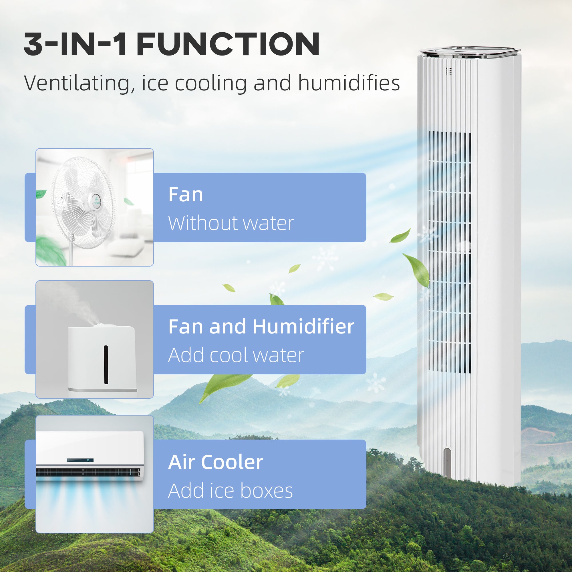 42" 3-In-1 Ice Cooling Fan with Humidifier, Evaporative Air Cooler with Water Tank, 3 Modes, 3 Speeds, 12H Timer, White