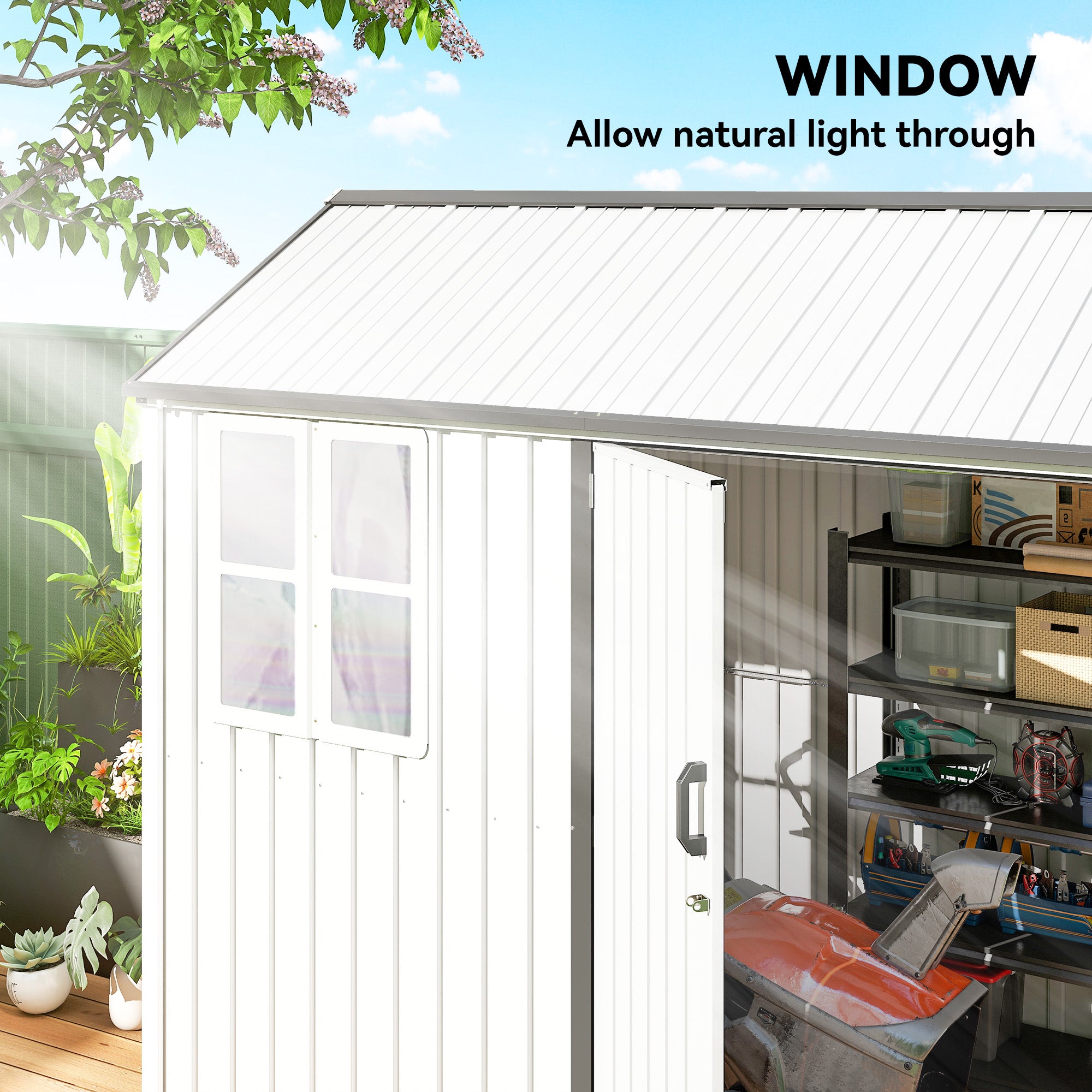 8' x 6' Metal Garden Storage Shed, Extra Large Outdoor Tool Storage House w/ Doors, Window and Air Vents, White - White - Image 5
