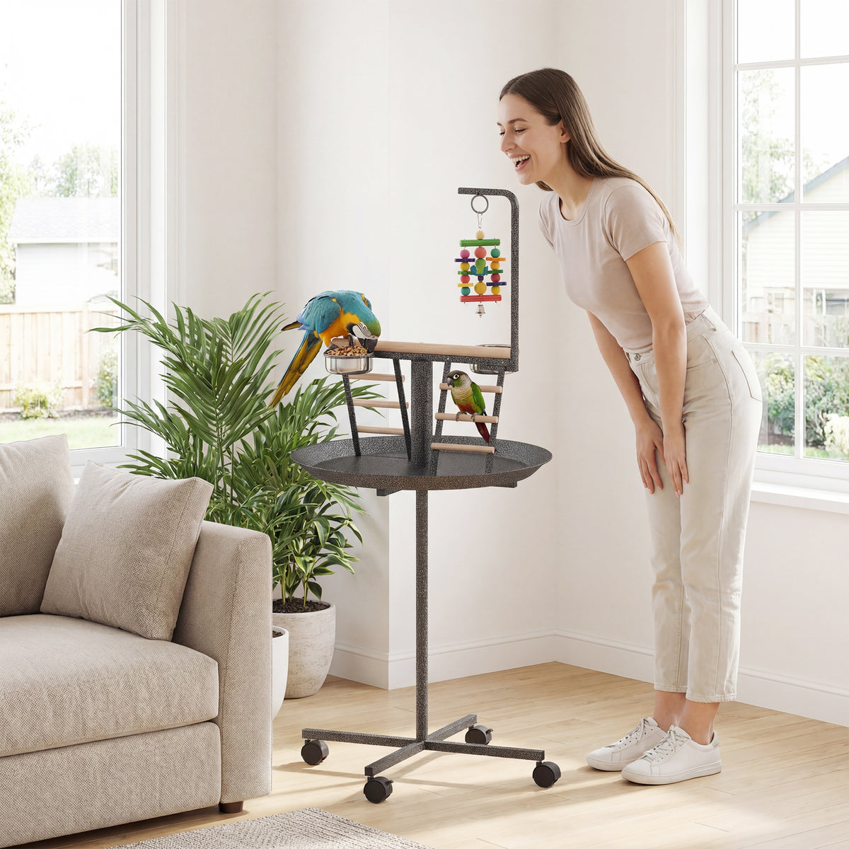 Bird Stand with Wheels Parrot Play Stand with Round Tray Stainless Steel Feed Bowls Indoor Outdoor Dark Gray