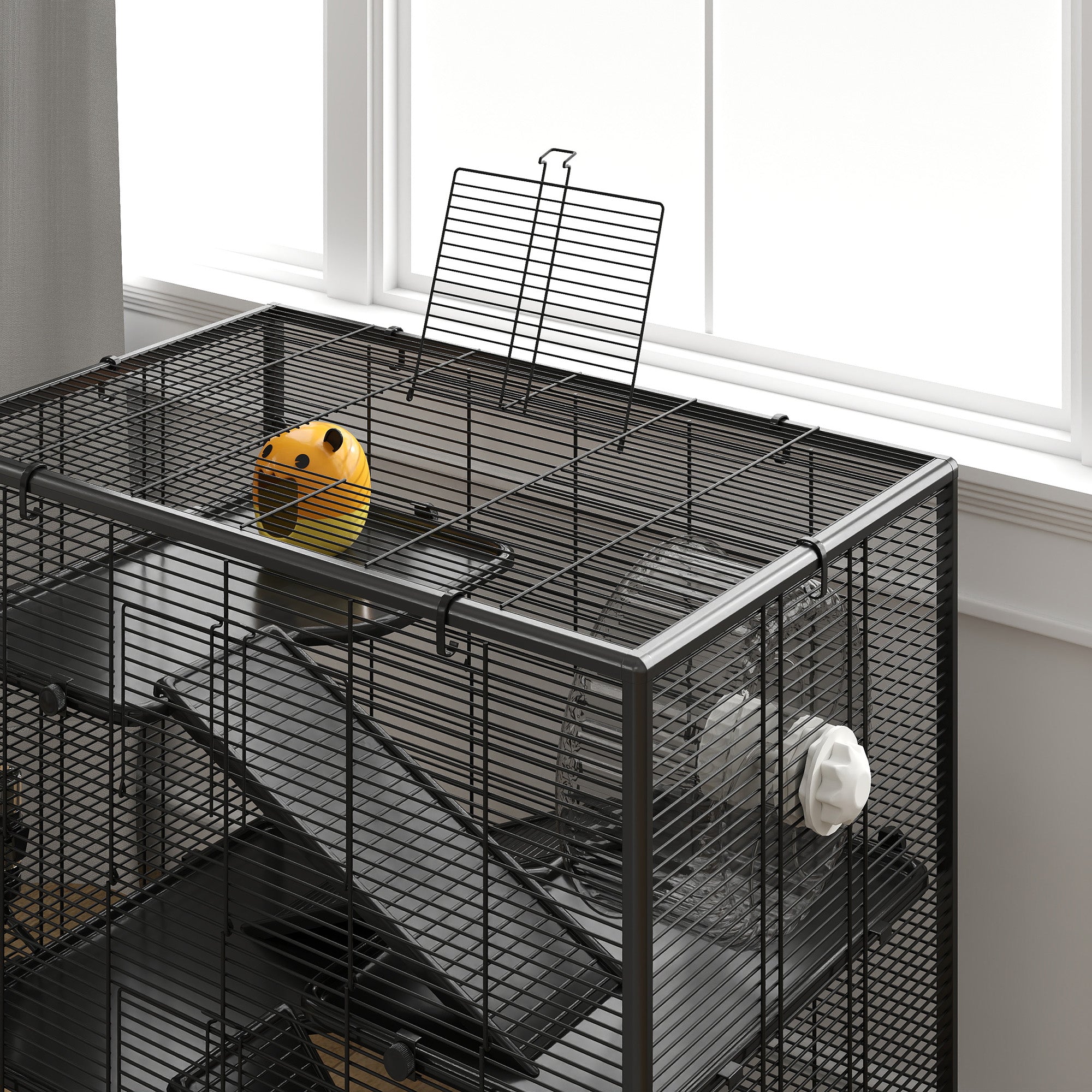 4 Tier Hamster Cage with Deep Tempered Glass Bottom, Running Wheel, Hut, Water Bottle, Food Dish, 31" x 19" x 31.5" - Black - Image 8