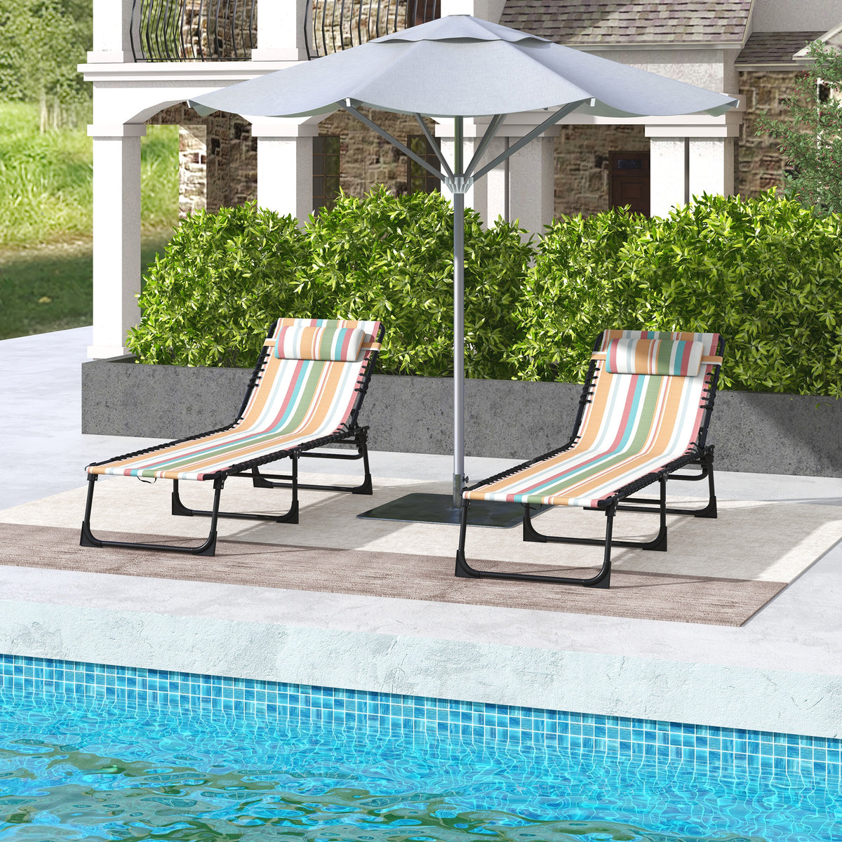 2 Folding Chaise Lounge Pool Chairs with 4-Position Reclining Back, Pillow, Breathable Mesh & Bungee Seat, Striped