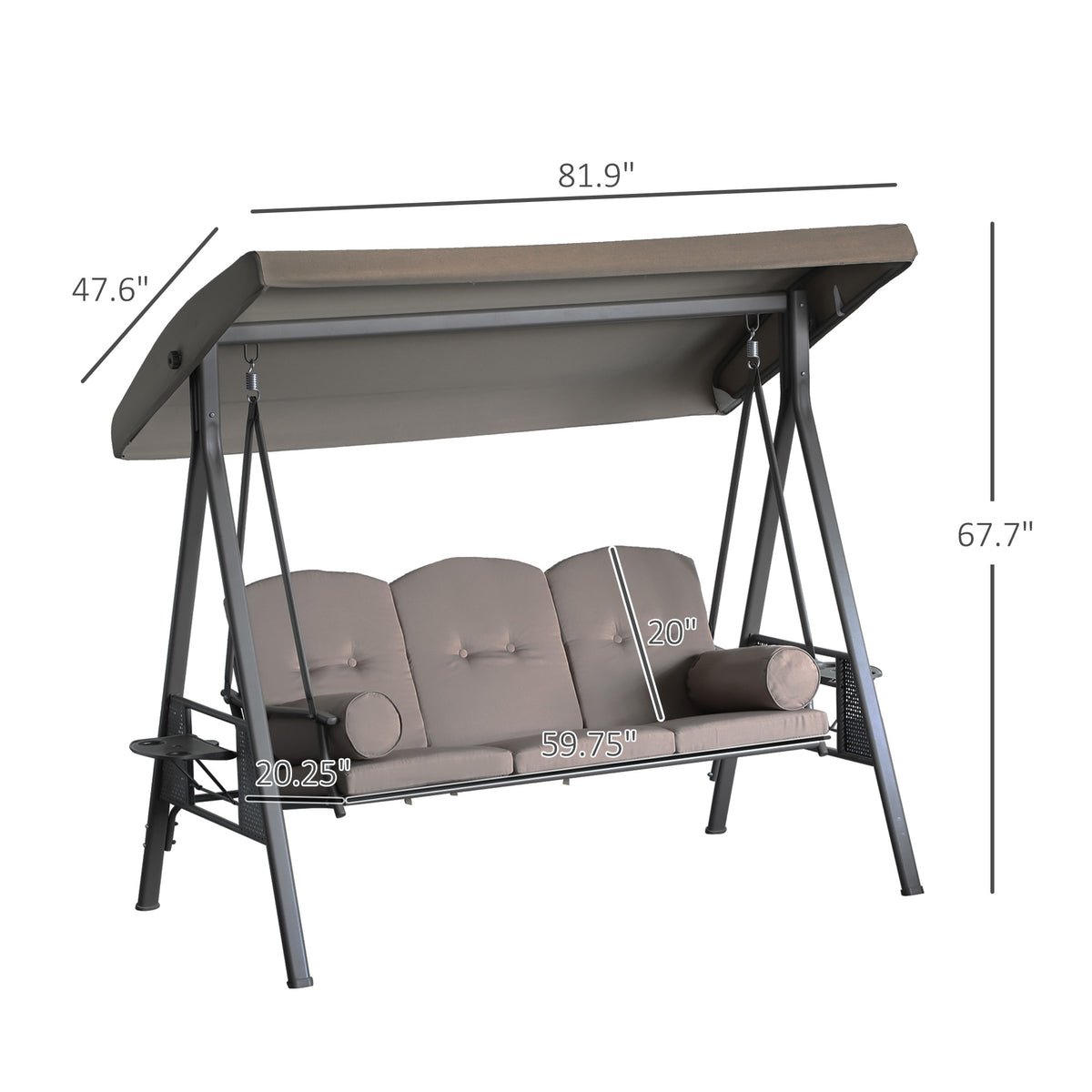 3-Seat Patio Swing Chair, Outdoor Porch Swing Glider with Adjustable Canopy, Removable Cushion, Pillows and Side Trays, for Garden, Poolside, Backyard, Brown
