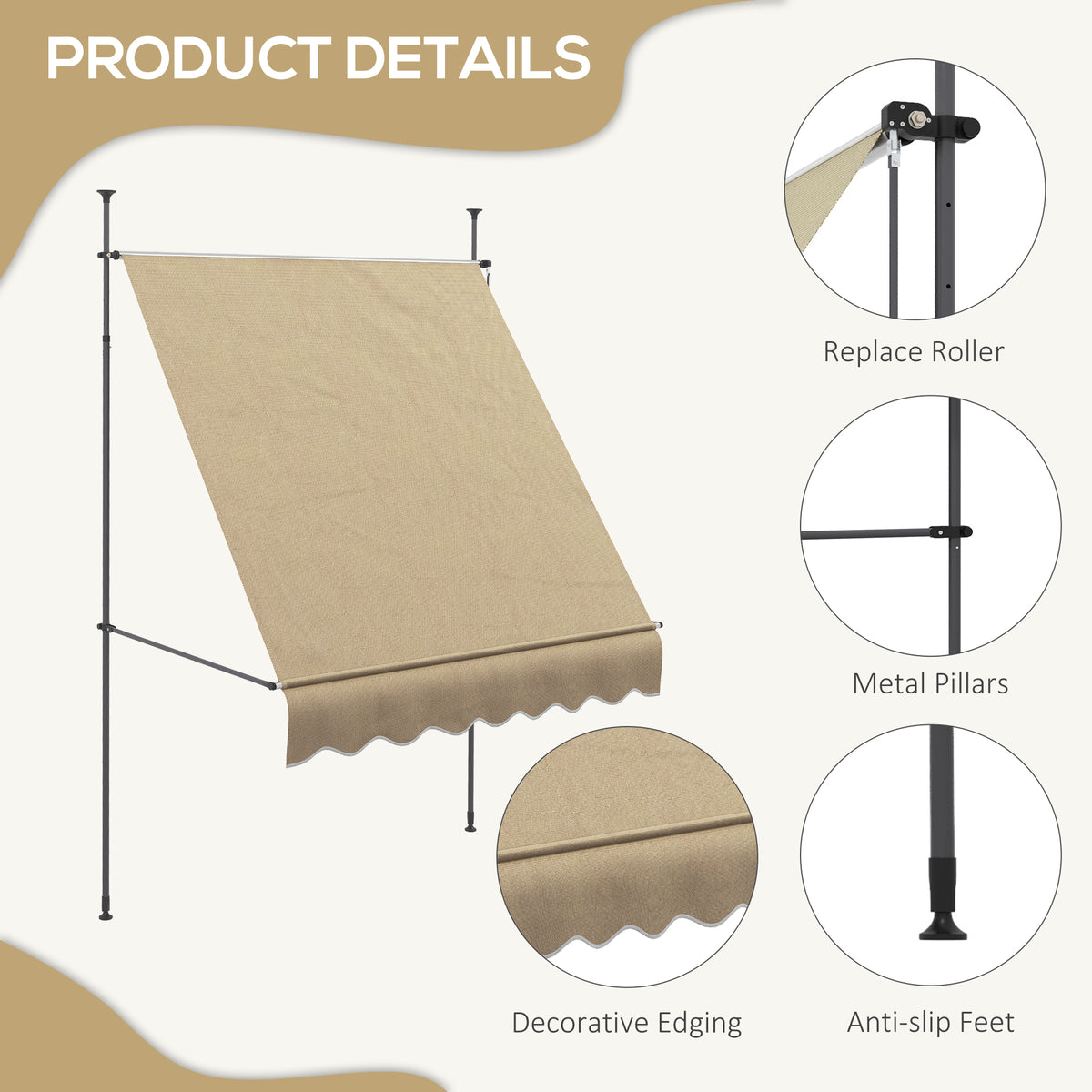 6.5' x 4' Manual Retractable Awning, Non-Screw Patio Awning, UV Resistant for Window or Door, Beige
