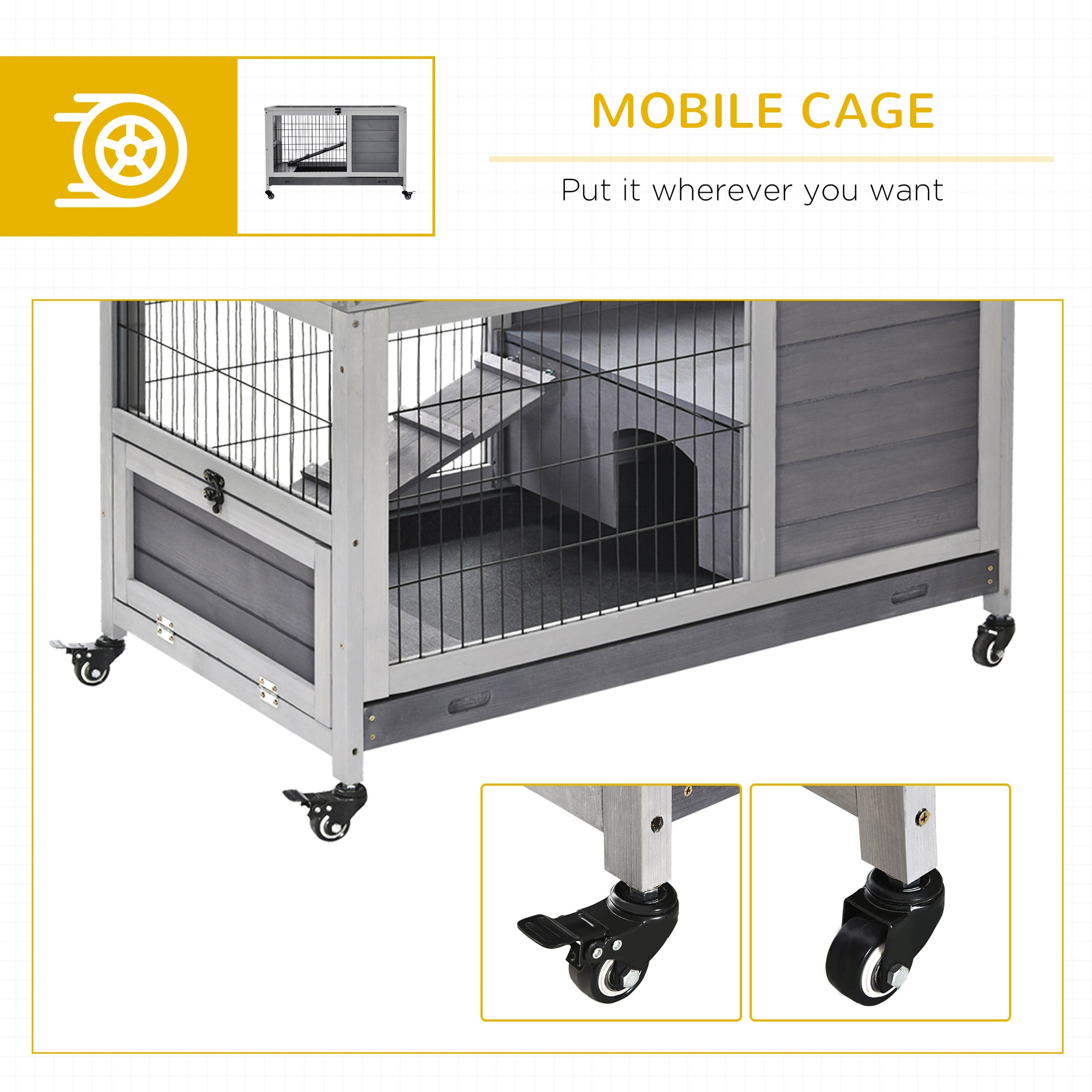 Indoor Rabbit Enclosure, Wooden Elevated Cage Habitat with Enclosed Run with Wheels - Ideal for Rabbits and Guinea Pigs - Grey - Image 7