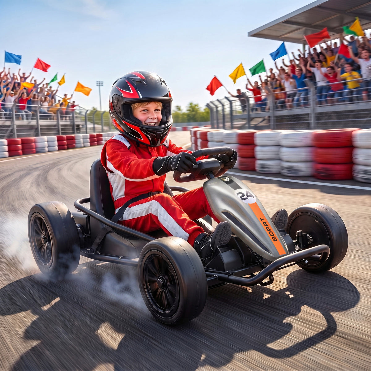 24V Electric Drift Go Kart for Kids with Dual Motors, Soft Start, PU Wheels, 7.5MPH High Speed, for Ages 6+, Gray