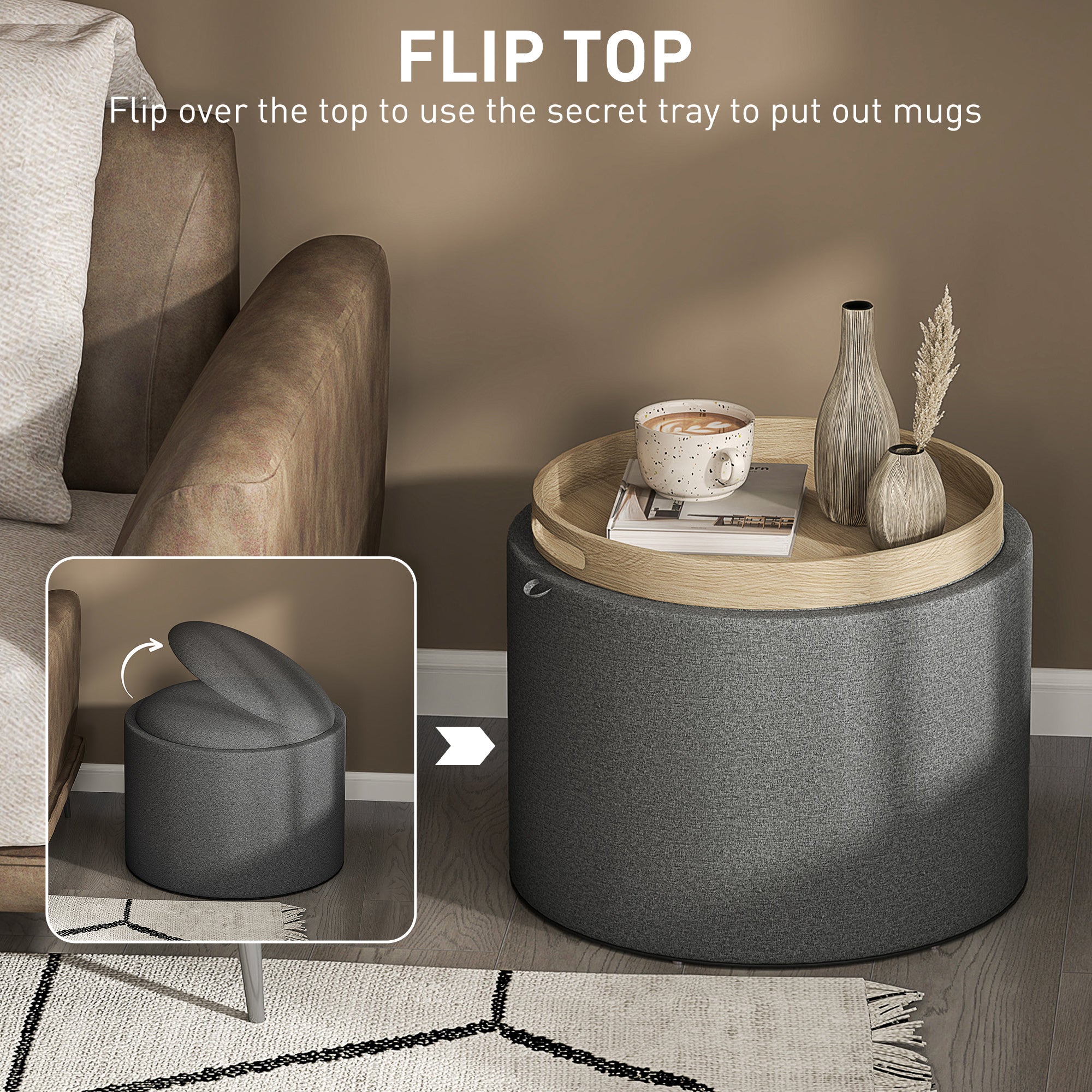 Round Storage Ottoman Coffee Table with Flip Top Tray, Linen Fabric Upholstered Footstool with Hidden Compartment