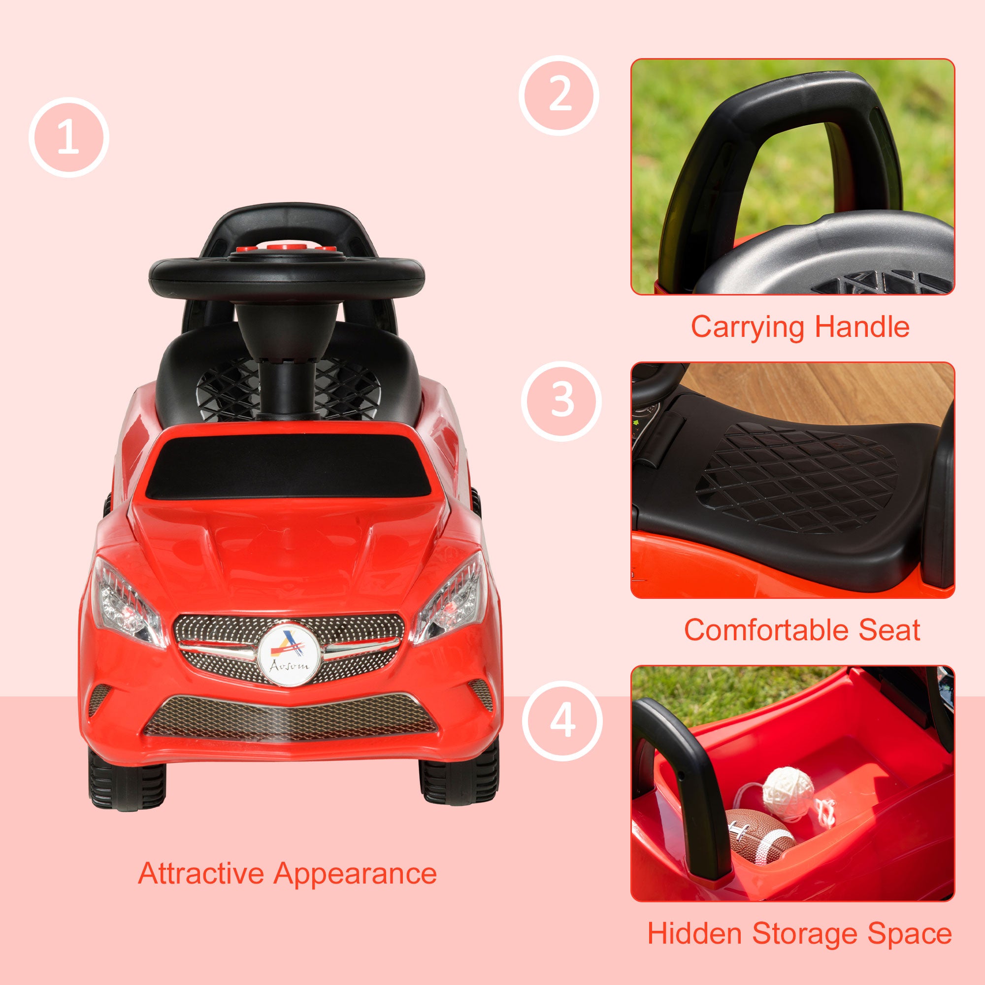 Kids Ride On Push Car, Foot-to-Floor Walking Sliding Toy Car for Toddler with Working Horn, Music, Headlights and Storage, Red