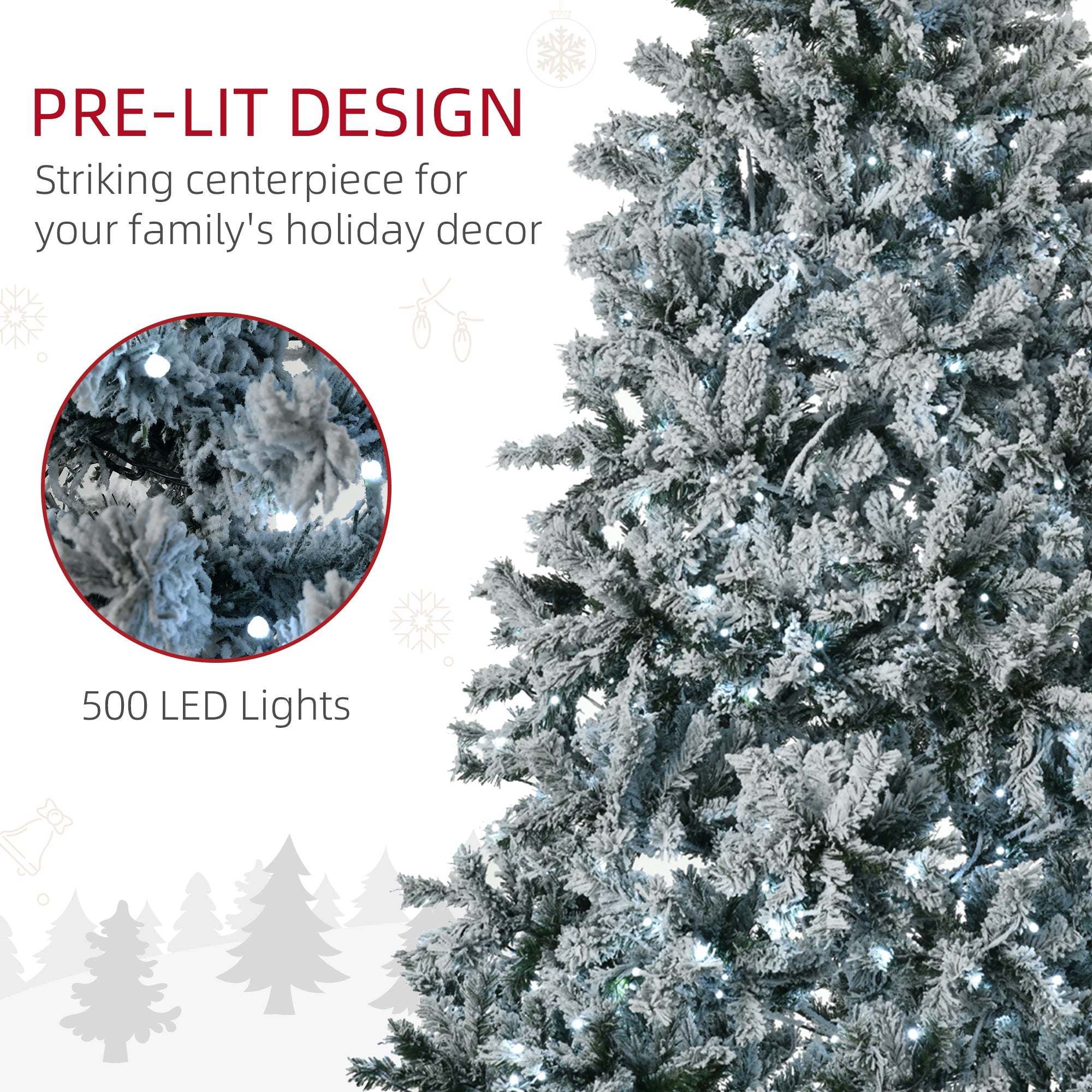 7.5' Prelit Artificial Flocked Christmas Trees, with Snow Frosted Branches, Cold White LED Lights, Auto Open
