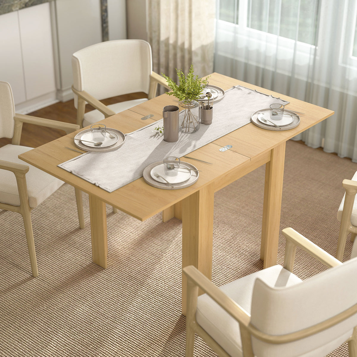 Extendable Table Table for 4-6, Square Folding Dining for Small Spaces, 28"-55" W, Natural
