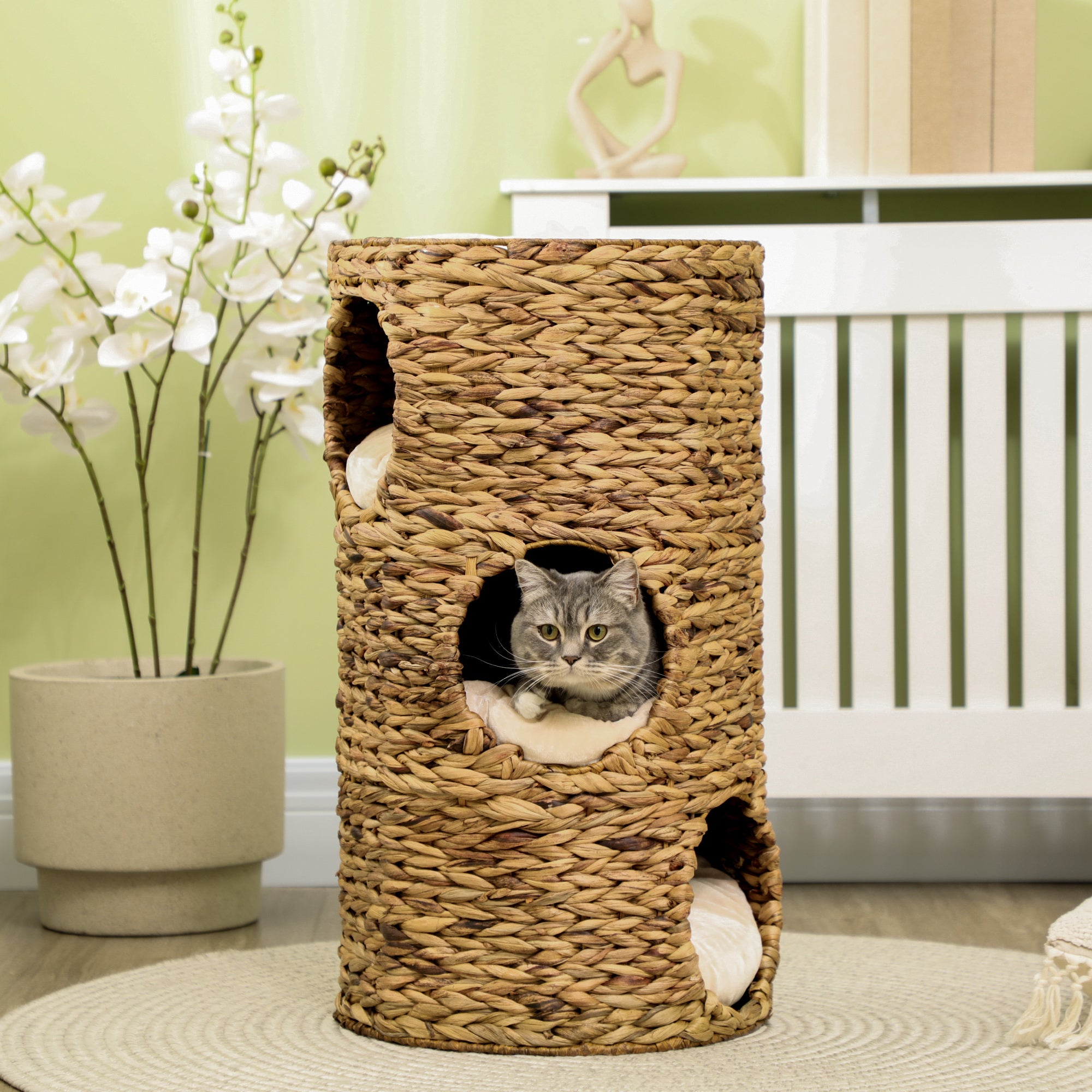 Elevated Cat Bed with Three Hideaways & Four Soft Plush Cushions, Cat Tower with Hand-Woven Materials, Multi-Layer Raised Kitten Bed Caves - Brown - Image 2