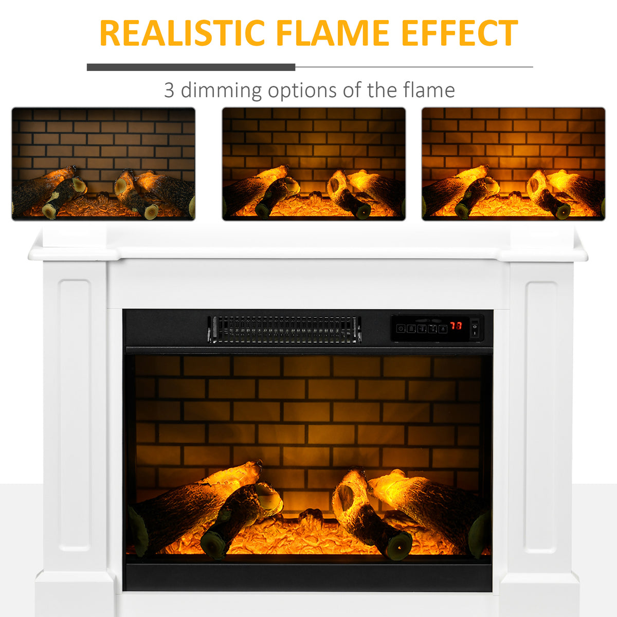 32" Electric Fireplace with Mantel, Freestanding Heater with LED Log Flame, Shelf and Remote Control, 1400W, White