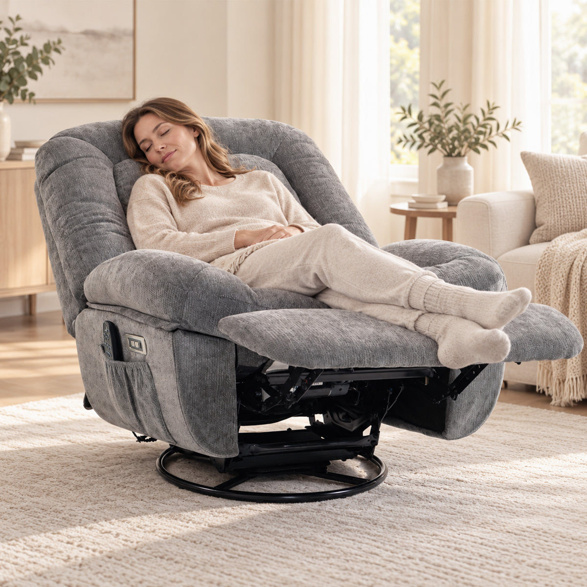 Oversized Power Recliner Chair with Massage and Heat, USB Port, Overstuffed Chenille Swivel Rocker Recliner, Gray