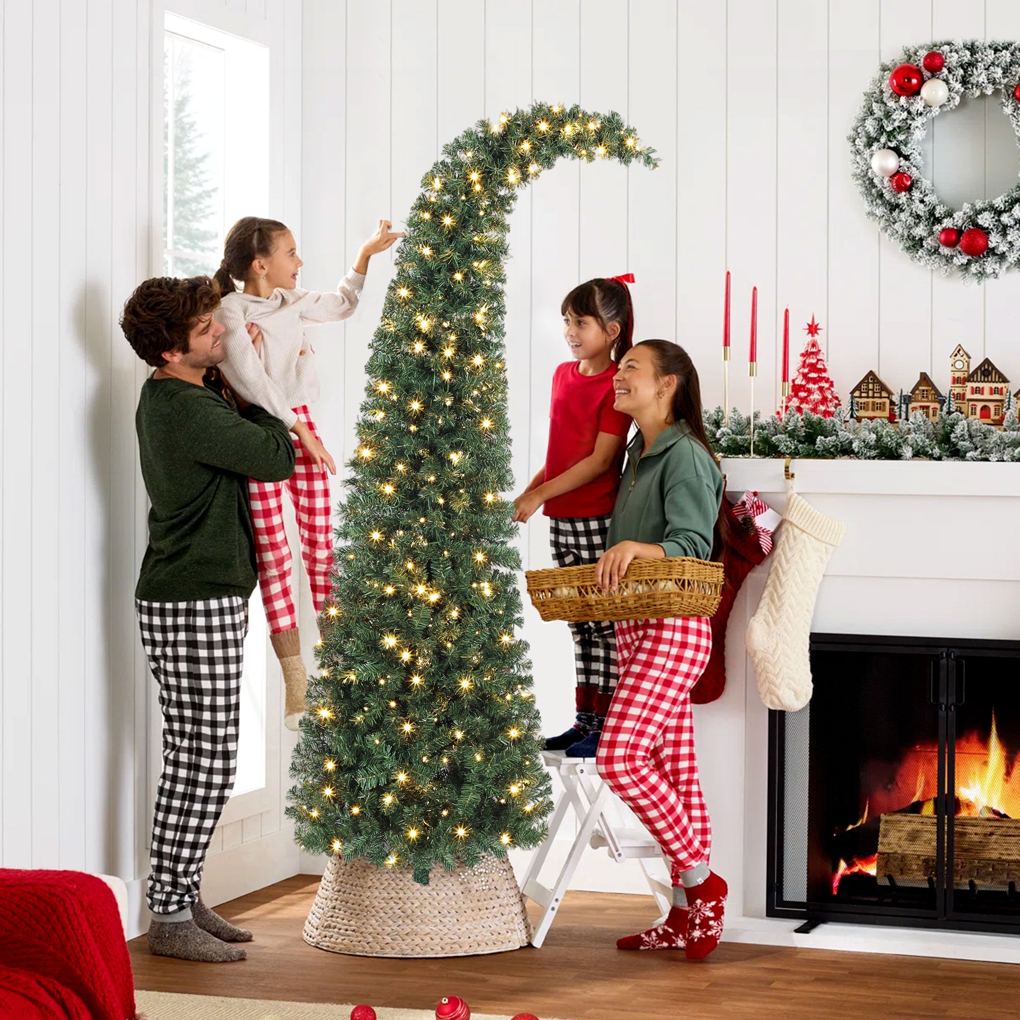 7 ft Prelit Christmas Tree, Whimsical Xmas Tree Slim High Mountain Fir with 300 LEDs and Metal Stand, Green