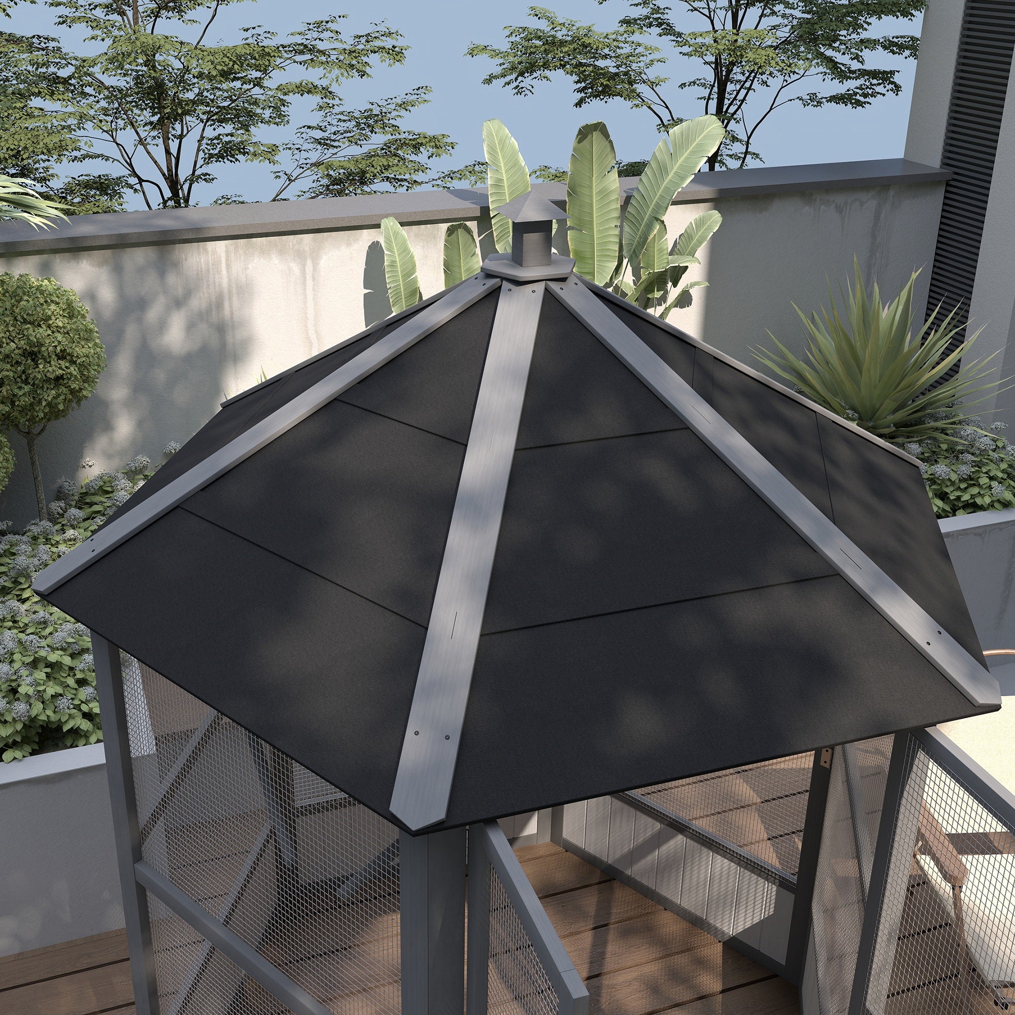 69" Wooden Hexagonal Outdoor Aviary Flight Bird Cage With Covered Roof, Light Gray - Light Gray - Image 8