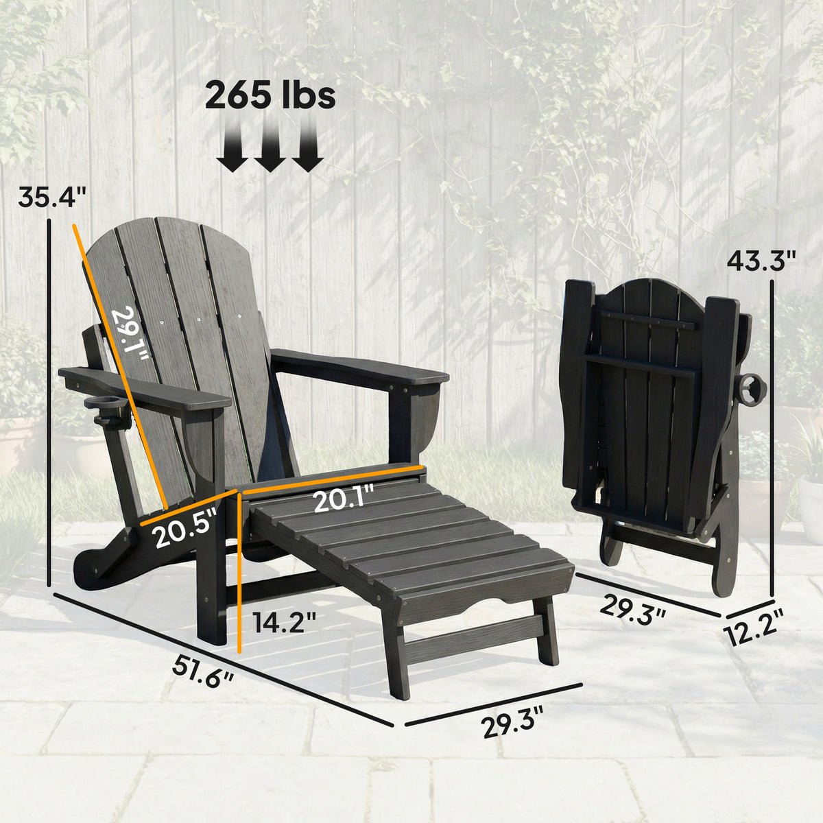 Folding Adirondack Chair Set of 2, HDPE Fire Pit Chair with Retractable Ottoman and Cup Holder, Black