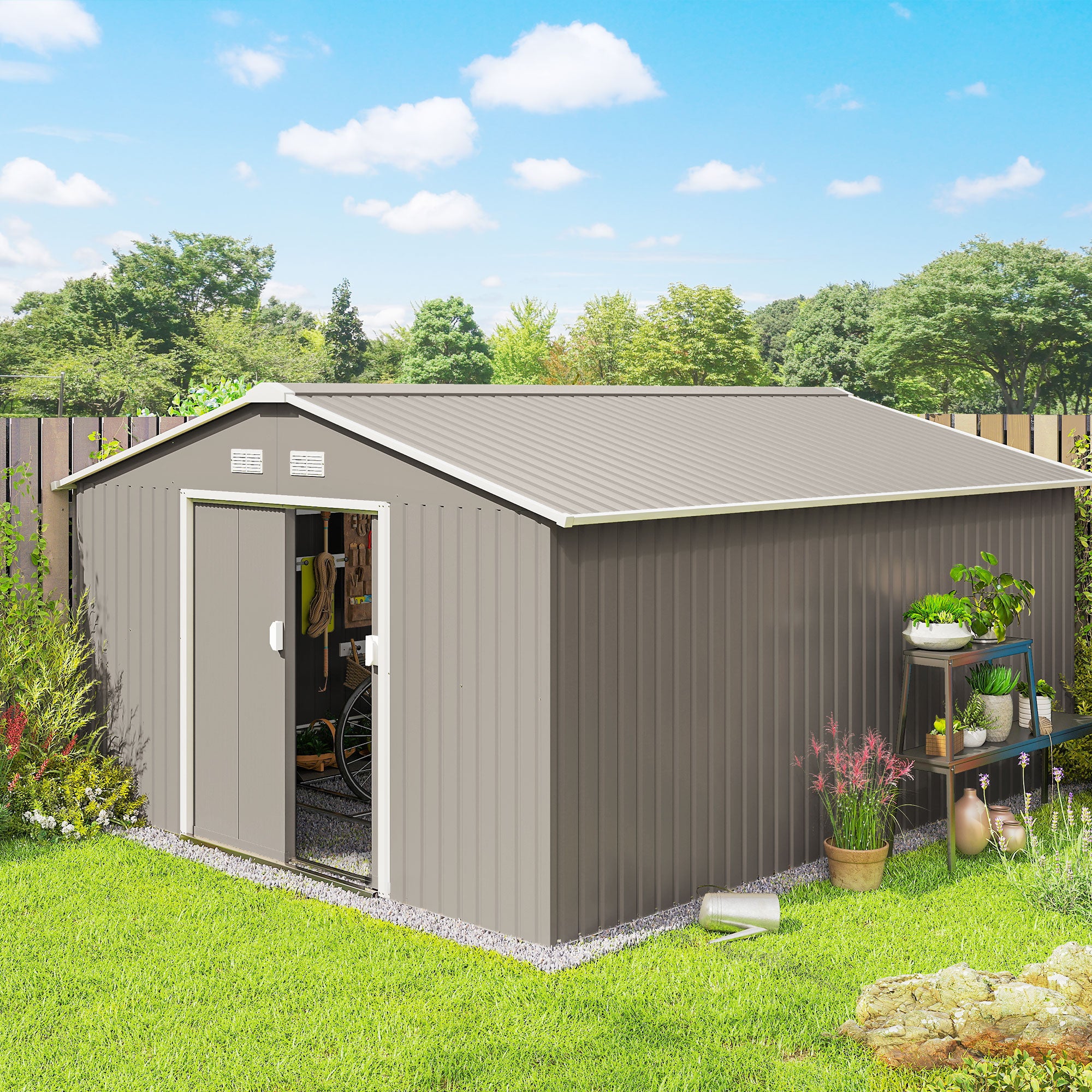Garden Metal Shed, Storage Shed Utility Storage with Double Locking Doors for Bike, Yard Tools, Light Gray - Light Gray - Image 2