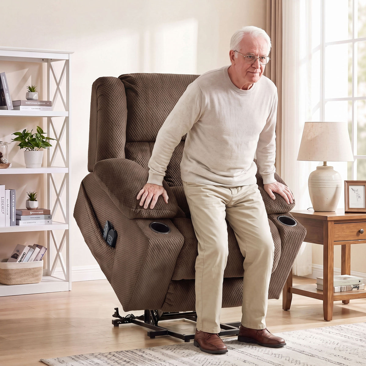 Dual Motor Power Lift Recliner Chair with Massage and Heat for Elderly, 180° Flat Recline, Wide Seat, Dark Brown