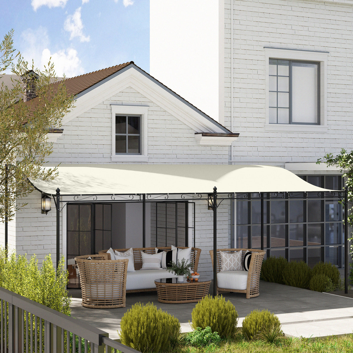 10' x 20' Wall-Mounted Outdoor Pergola Canopy, Metal Patio Canopy with Drainage Holes for Backyard Garden, Cream White