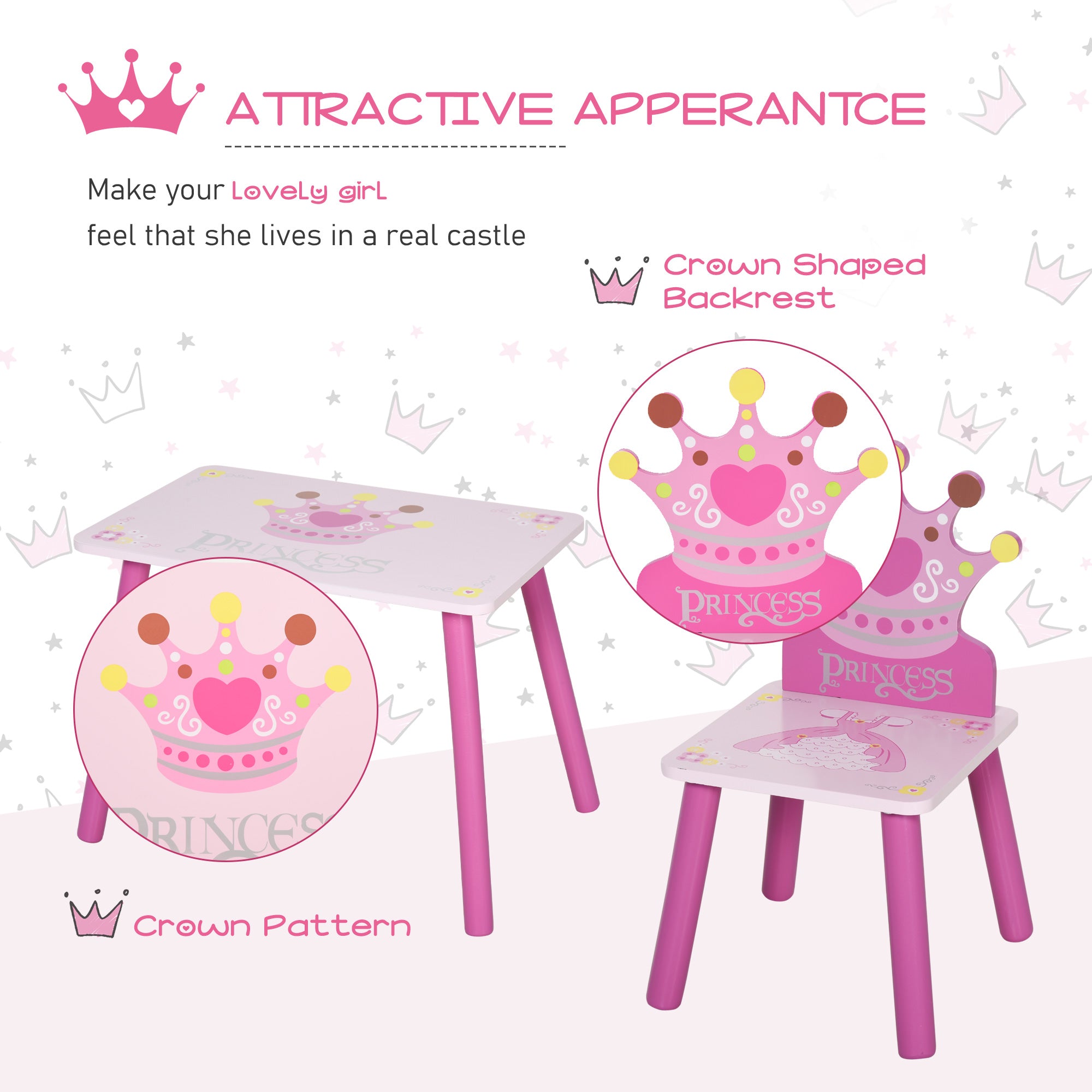 3-Piece Kids Wooden Table and Chair Set with Crown Pattern Gift for Girls Toddlers Arts Reading Writing Age 2-4 Years Pink