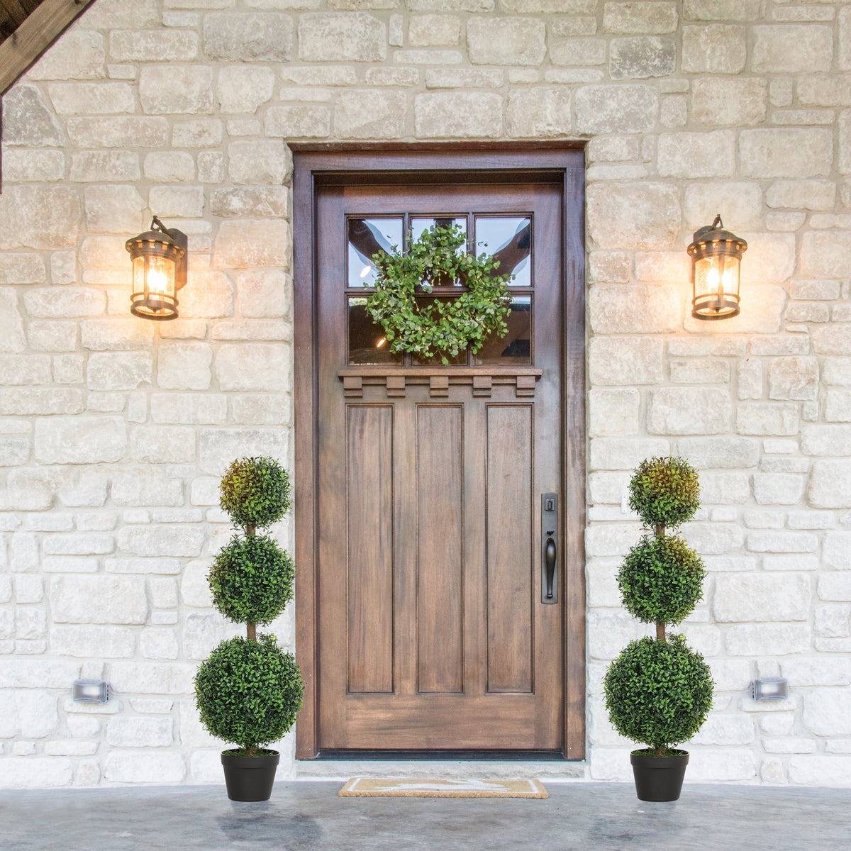 Set of 2 Artificial Ball Boxwood Topiary Trees, Fake Plants in Pot for Indoor Outdoor Living Room Green