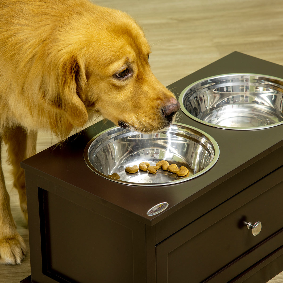 Large Elevated Dog Bowls with Storage Drawer Containing 11L Capacity, Raised Dog Bowl Stand Pet Food Bowl Dog Feeding Station, Brown