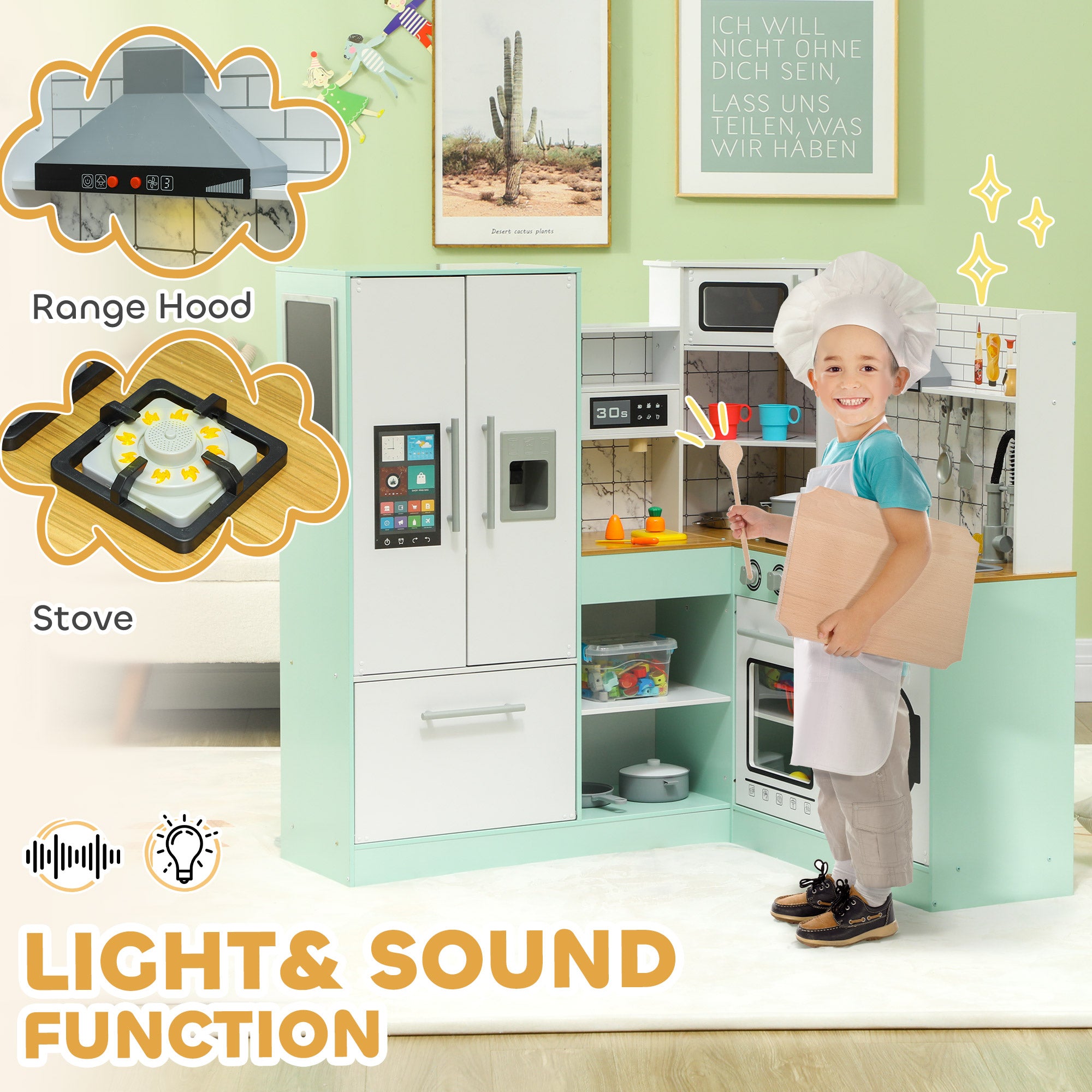 Play Kitchen, Corner Kids Kitchen Playset w/ Chalkboard, Range Hood, Ice Maker, Stove, Microwave, Sound & Lights