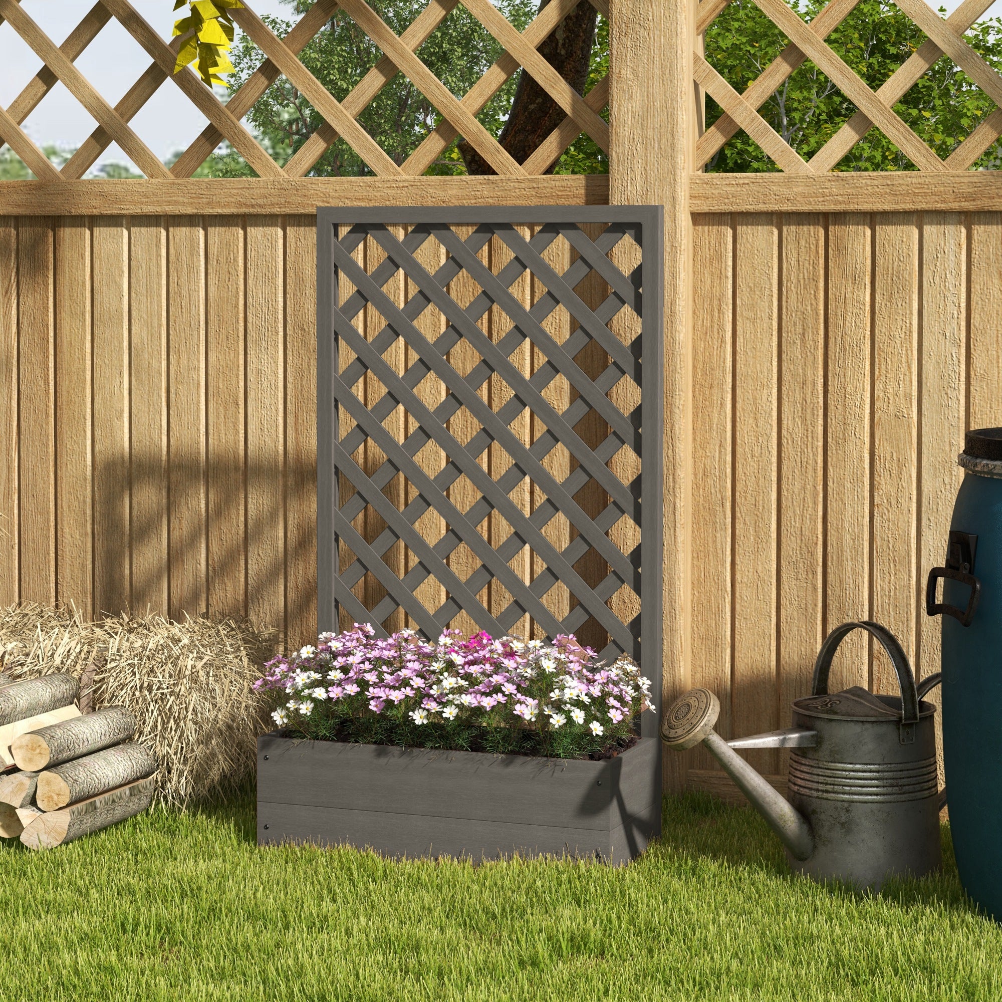 Trellis Planter Box for Climbing Plants, Raised Garden Bed w/ Trellis Lattice for Outdoor Garden, Deck, Backyard, Gray - Dark Gray - Image 2