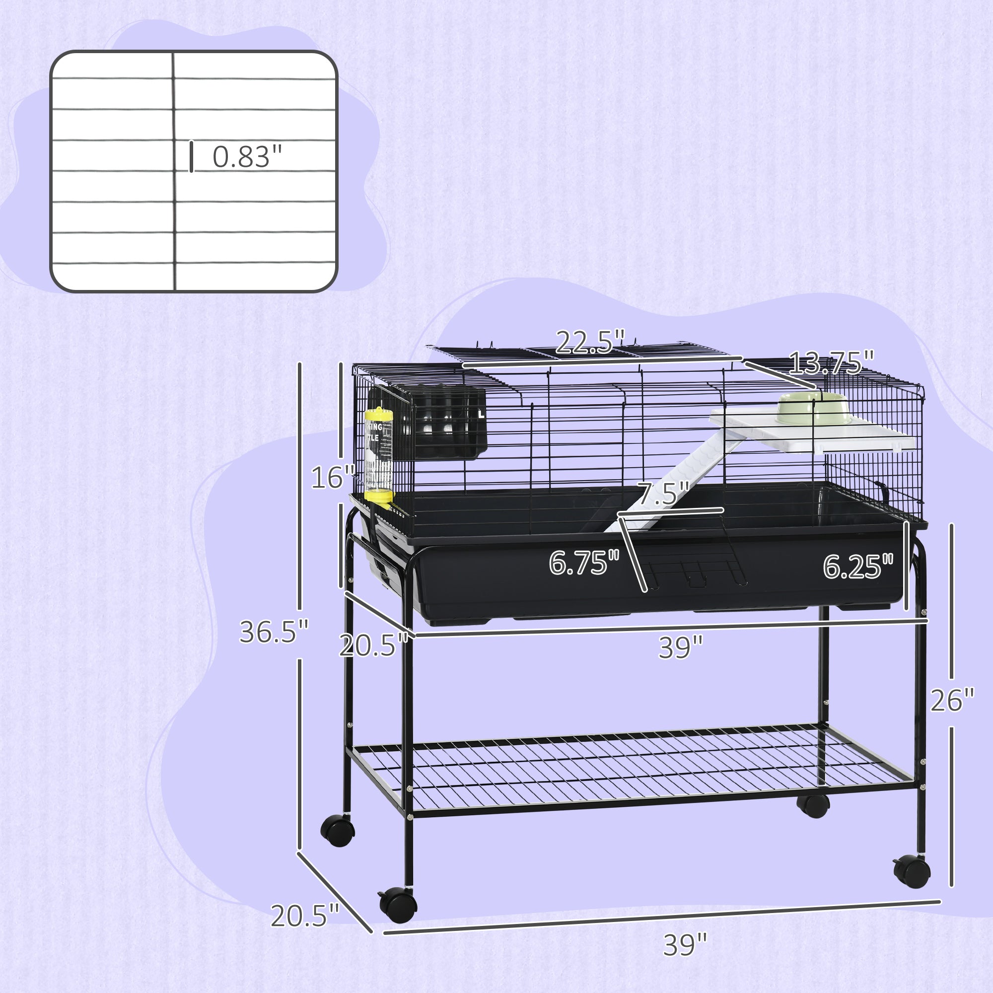 Two-Story Small Animal Cage Removable from Stand, Guinea Pig Cage with Shelf & Wheels, Pet Habitat for Hedgehog, Chinchilla, Ferret, 39" x 20.5" x 36.5", Black - Grey - Image 3