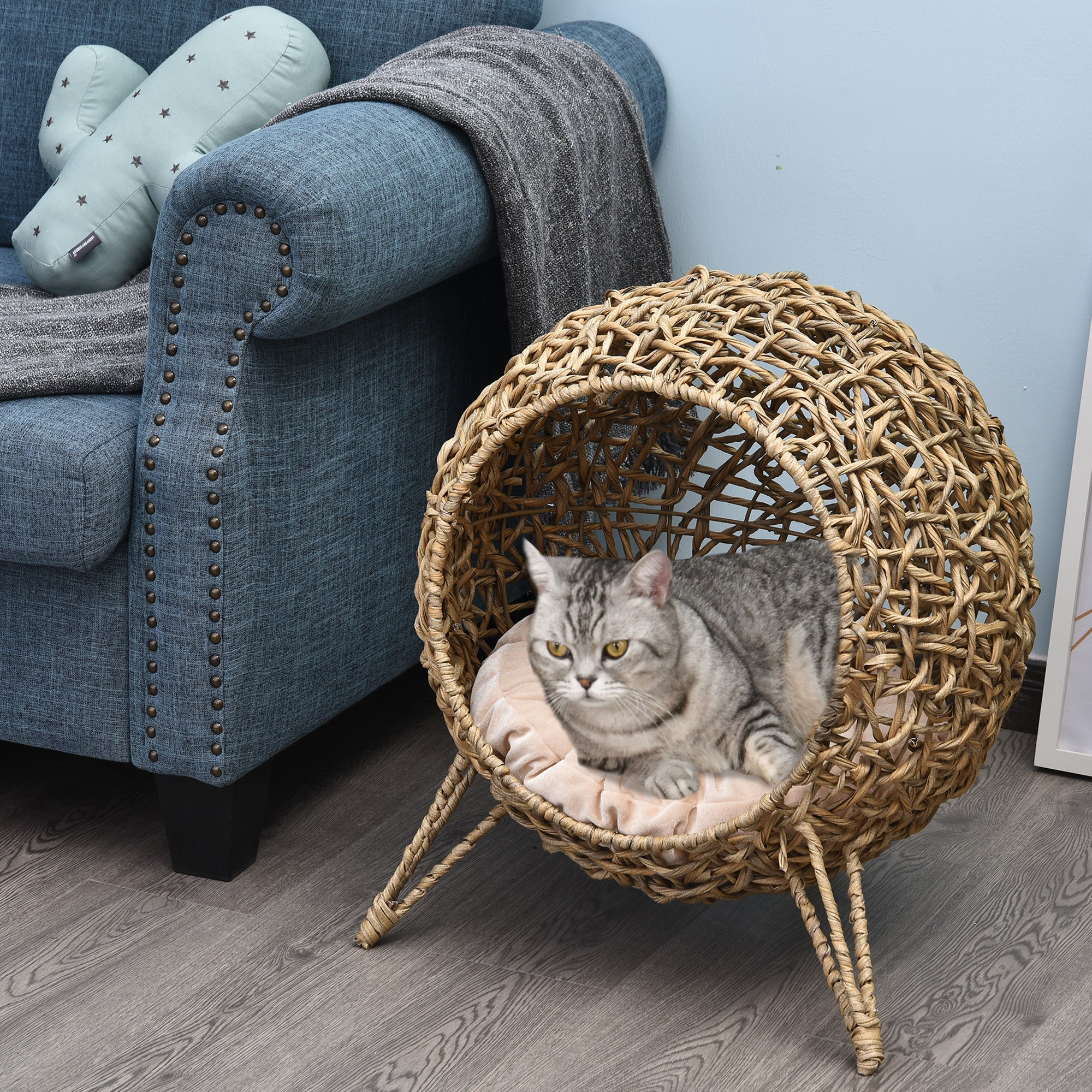 20.5" Weaved Cat Bed, Elevated Hand-woven Braided Banana Leaf Kitten House Condo with Cushion, Beige - Beige - Image 7