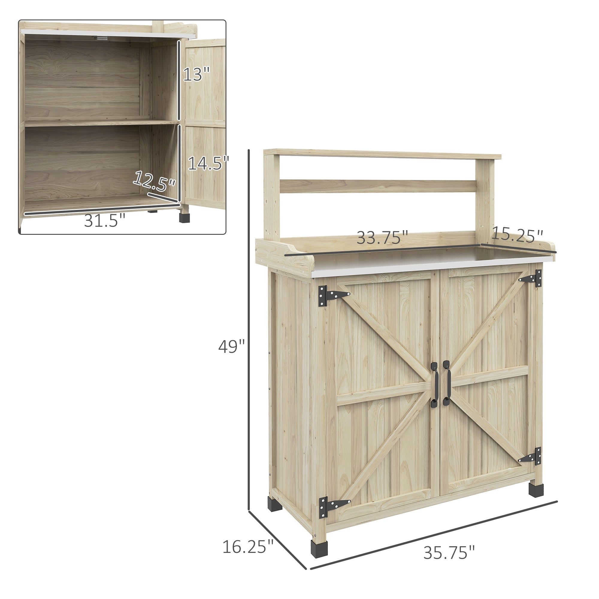 Outdoor Wooden Potting Bench with Storage Cabinet, Shelves, Galvanized Plated Tabletop for Backyard, Balcony, Natural - Natural Wood - Image 3