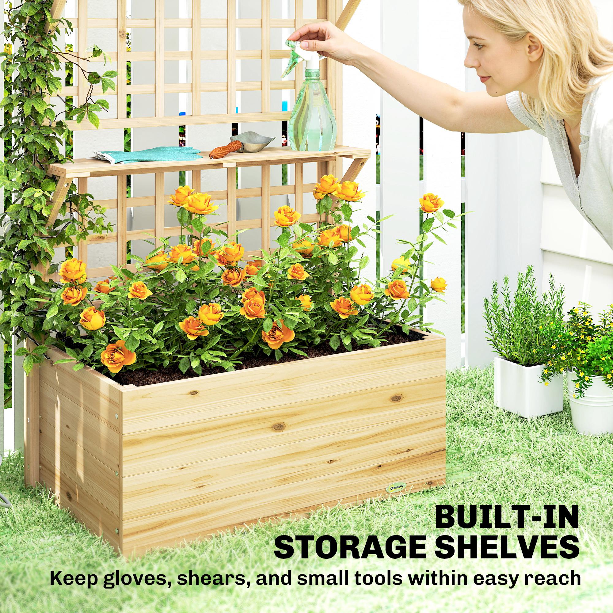 Wooden Raised Garden Bed with Trellis and Roof, Elevated Planter Box with 2 Shelves, Drainage Hole and Liner, Natural - Natural Wood - Image 6