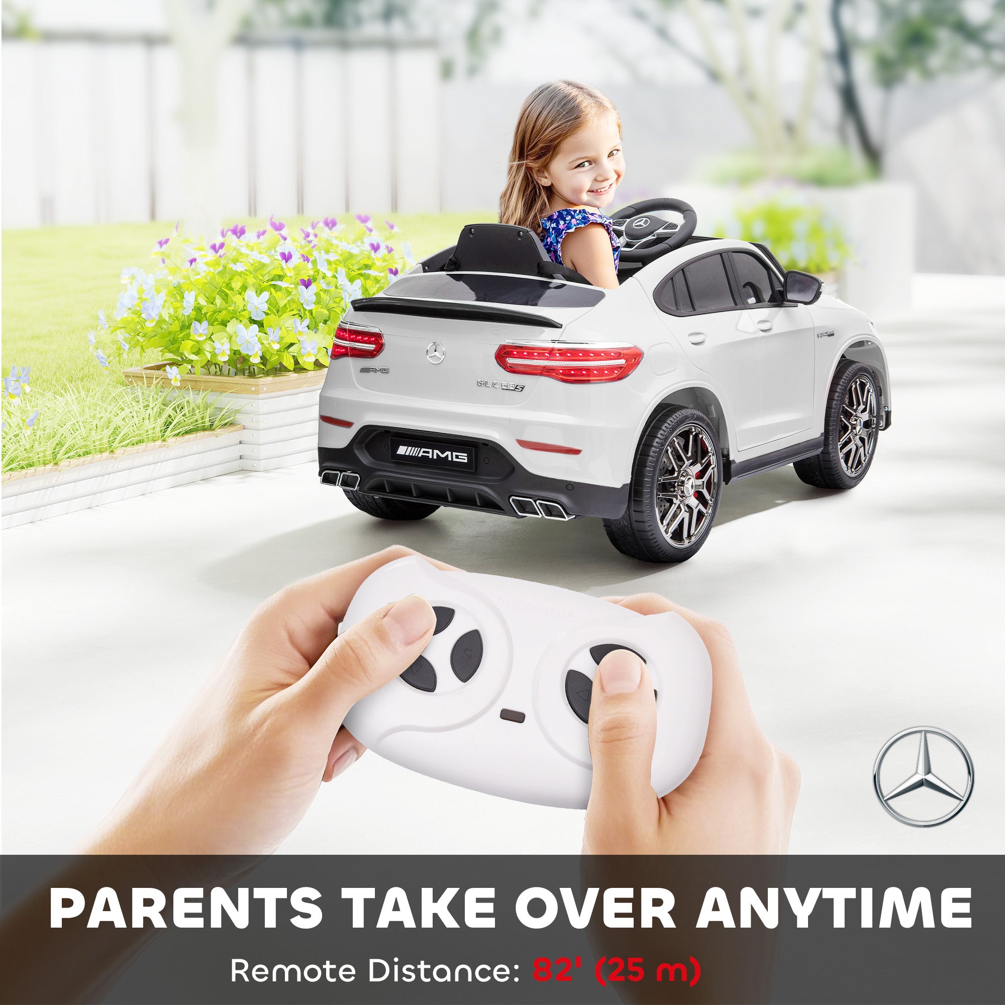 12V Toddler Ride On Car with Remote Control, Mercedes Benz AMG GLC63S Coupe, Electric Car with 2 Speed, MP3 Player, Light, Horn, Songs, Suspension, White