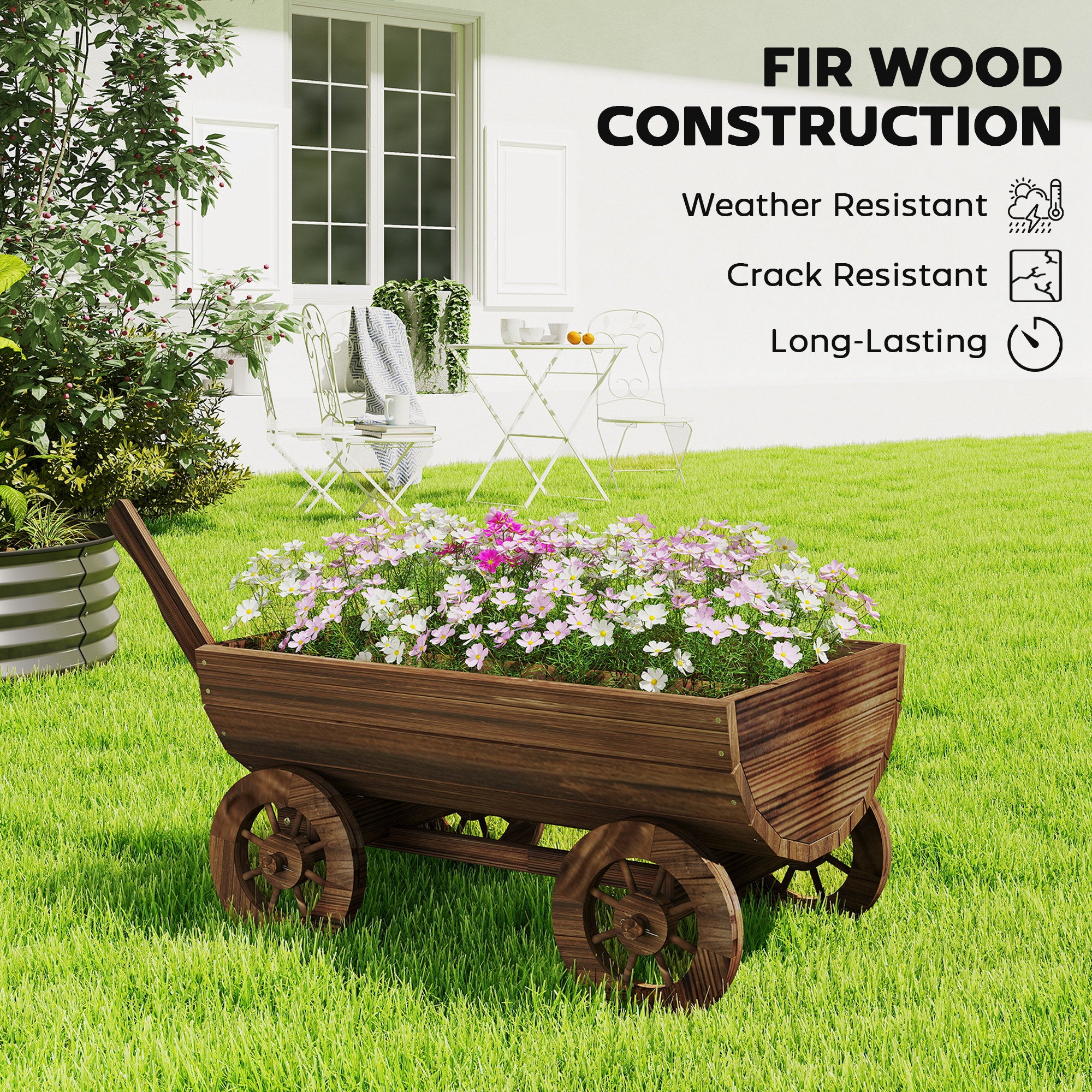Wooden Wagon Planter Box, Mobile Garden Planter with 4 Wheels, Small Wheelbarrow Wagon Flower Cart with Drainage Hole - Carbonized - Image 7